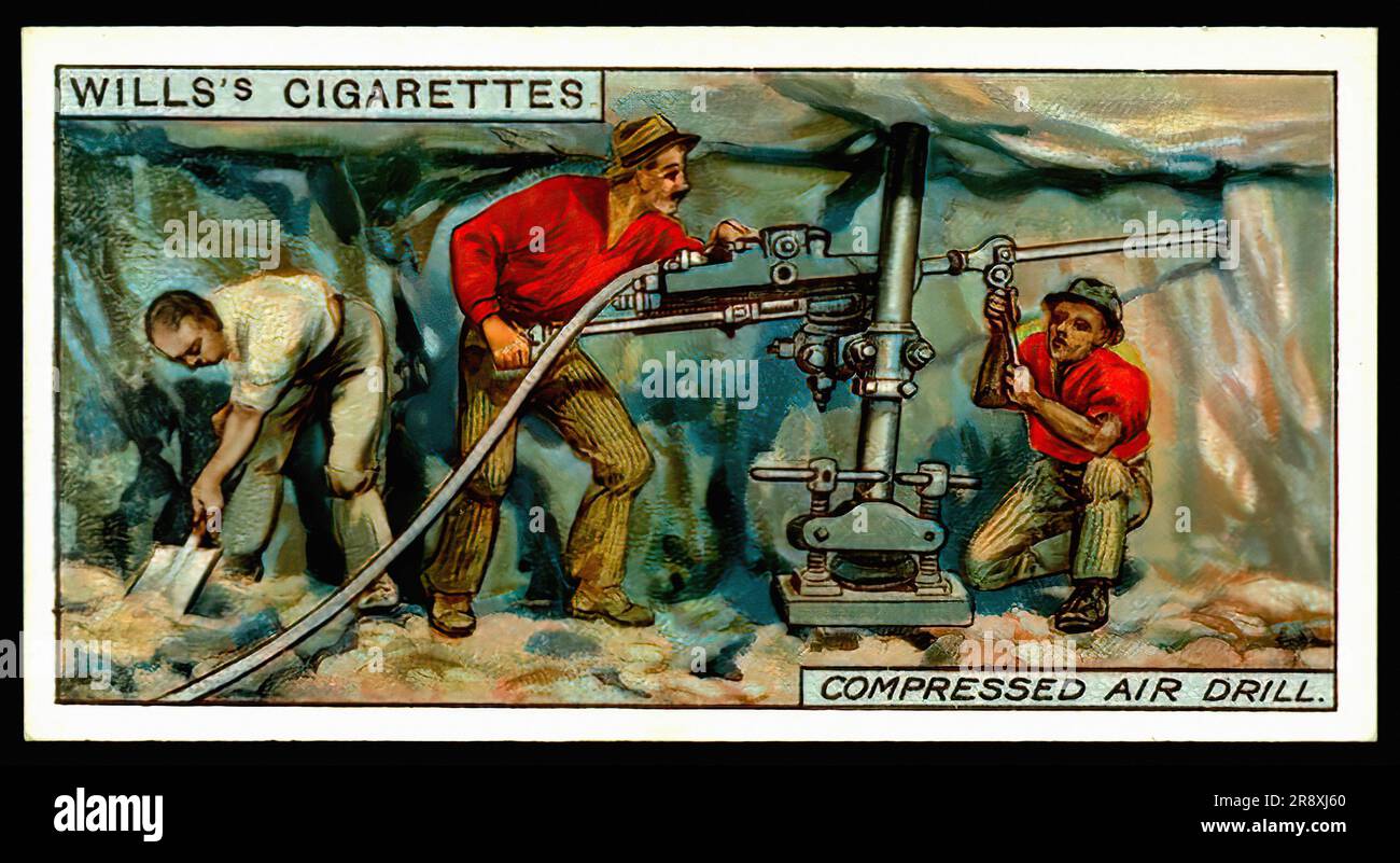 Bergbau mit einem Pressluftbohrer – klassische Zigarettenkarte Stockfoto