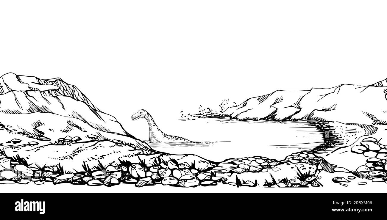 Mit Tinte von Hand gezeichnete Vektorskizze. Nahtloser Rand. Schottland malerische Landschaft mit See, Hügeln, Bergen, Felswänden und dem alten Loch Ness Monster. Design für Stock Vektor