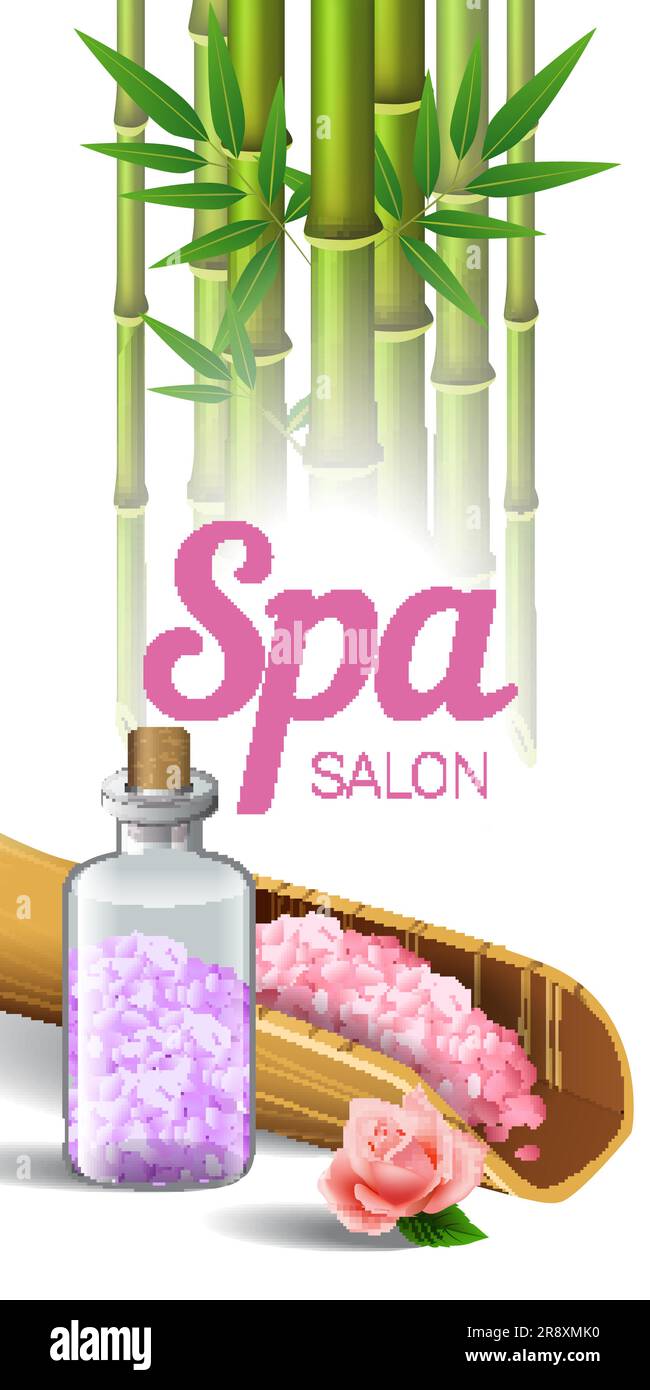 Spa Salon Schriftzug, Bambus und Salz in Schaufel und Flasche Stock Vektor
