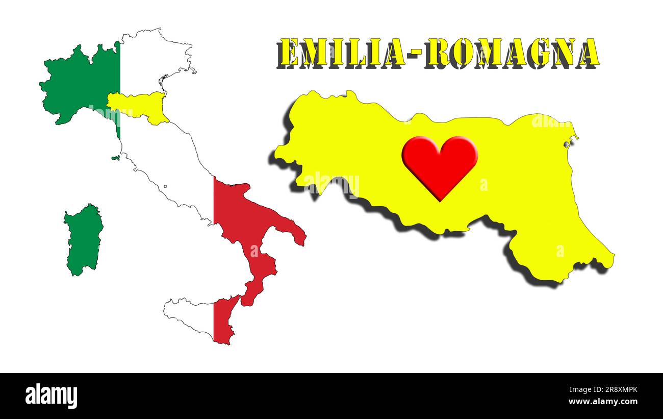 Emilia Romagna im Herzen, schlechtes Wetter, Solidarität aus ganz Italien, um die von der Flut betroffene Region zu verfolgen und zu unterstützen. 3D Abbildung. Stockfoto