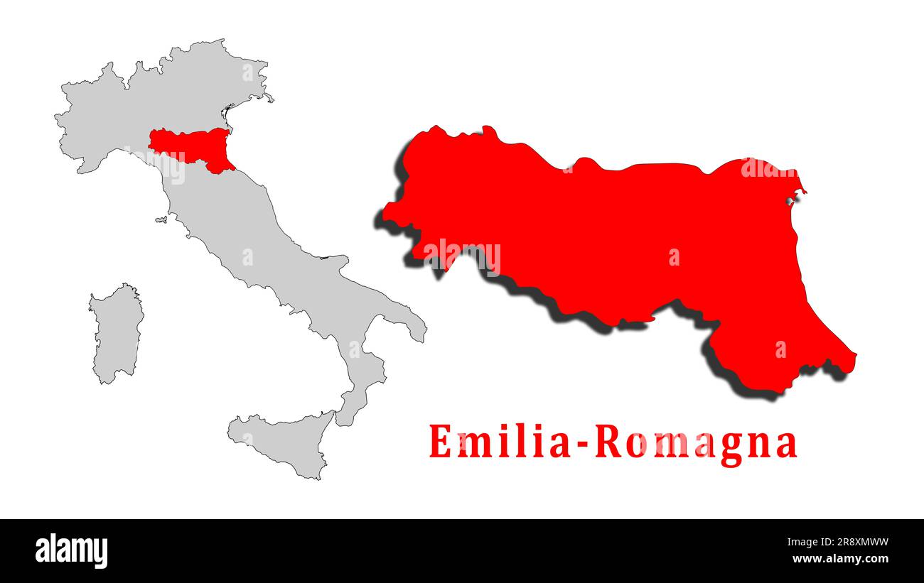 Emilia-Romagna, Italien, folgt und unterstützt die von der Überschwemmung betroffene Region. Solidarität, 3D-Darstellung mit Herz. Stockfoto