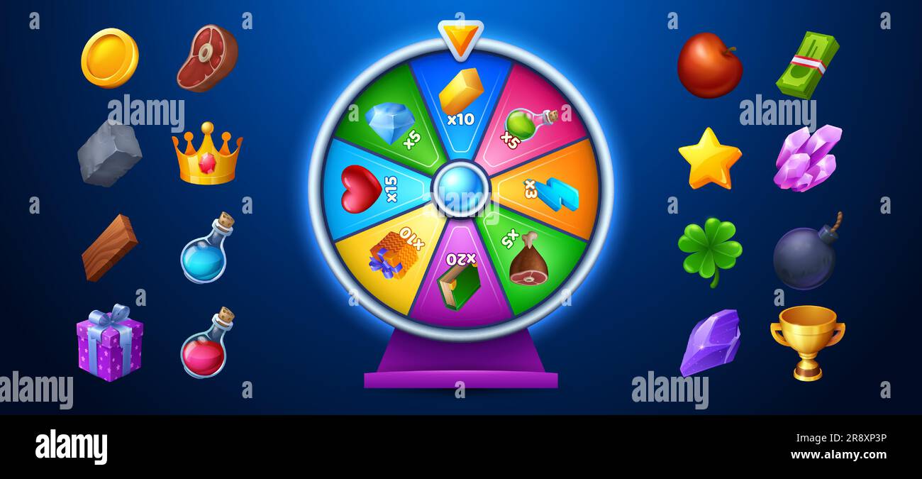 Glücksspiel-Drehrad und Satz von Preissymbolen isoliert auf blau. Vektorbild des Casino-Roulettes mit Blitz, Herz, Zaubertrank und Diamanten, Geschenkbox, goldenen Münzen, Trophäenbecher Stock Vektor