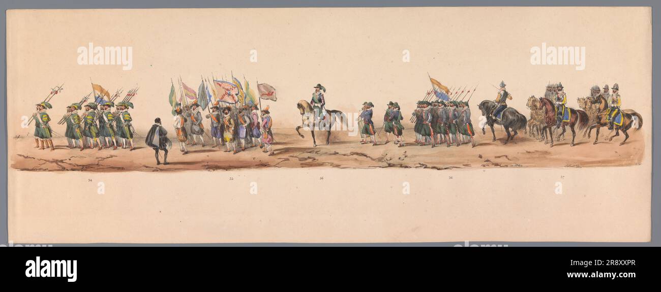 Historische Parade zum zweiten Jahrhundert der Universität Utrecht, 1836 (Kennzeichen 9), 1837. Kostümierte Parade von Studenten am 16. Juni 1836 zur Feier des Zweitjahrs der Gründung der Universität für angewandte Wissenschaften in Utrecht; Nachstellung des Eintritts der Staatsarmee in Ostende am 3. Juli 1600, am Tag nach dem Sieg der Schlacht von Nieuwpoort. Neunter Rekord in einer Reihe von zehn Nummernschildern, mit den Gruppen von 34 bis 37. Stockfoto