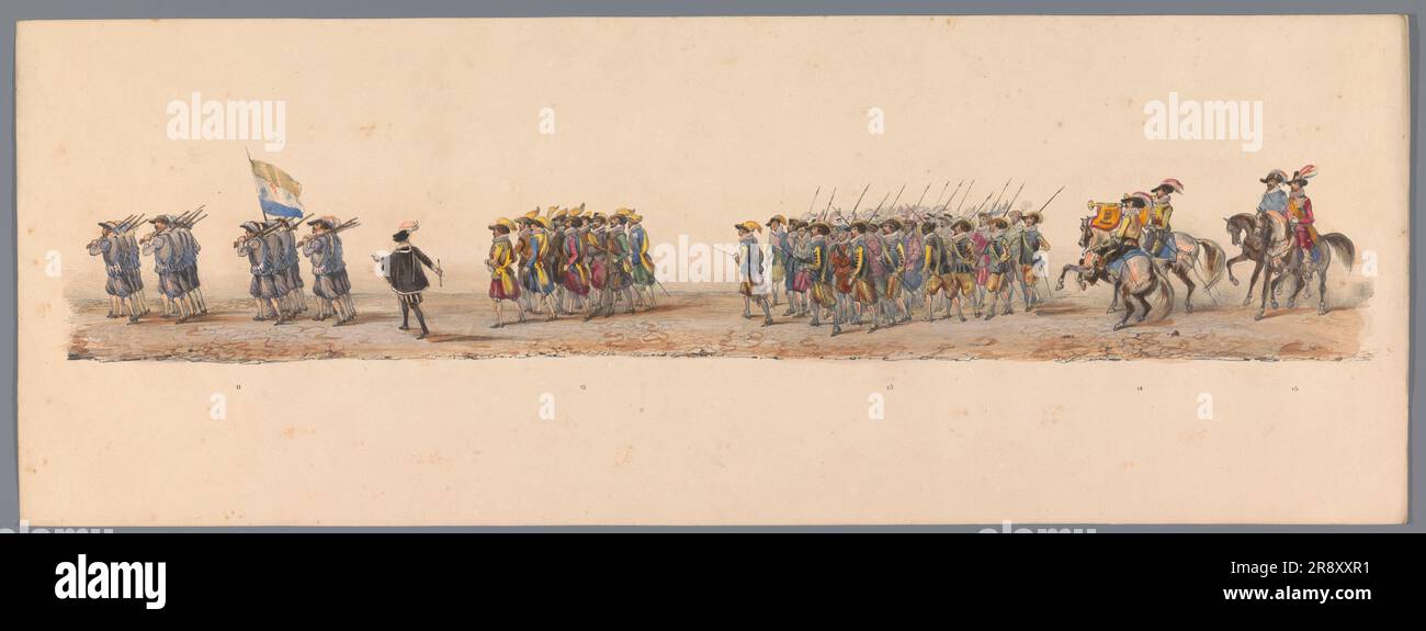 Historische Parade zum zweiten Jahrhundert der Universität Utrecht, 1836 (Kennzeichen 4), 1837. Kostümierte Parade von Studenten am 16. Juni 1836 zur Feier des Zweitjahrs der Gründung der Universität für angewandte Wissenschaften in Utrecht; Nachstellung des Eintritts der Staatsarmee in Ostende am 3. Juli 1600, am Tag nach dem Sieg der Schlacht von Nieuwpoort. Vierte Platte in einer Reihe von zehn nicht nummerierten Platten, mit den Gruppen mit der Nummer 11-15 Stockfoto