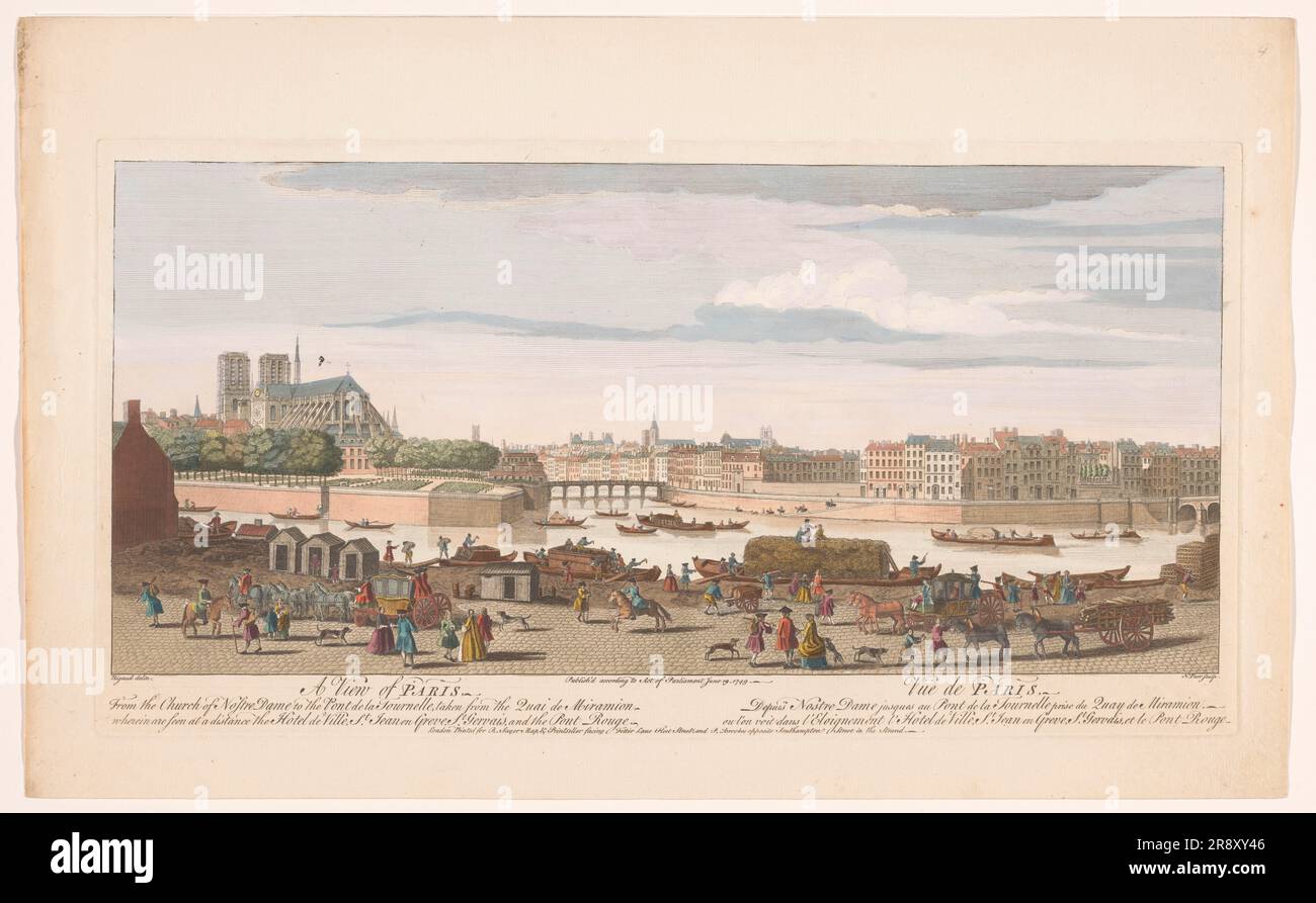 Blick auf die Stadt Paris vom Quai de Miramion aus, 1749. „A View of Paris, from the Church of Nostre Dame to the Pont de la Tournelle, taken from the Quai de Miramion“. In der Mitte der Pont Rouge über der seine und auf der linken Seite der Kathedrale Notre-Dame. Im Hintergrund das Rathaus, die Kirche Saint-Jean-en-Gr&#XE8;ve und die Kirche Saint-Gervais-Saint-Protais. Stockfoto