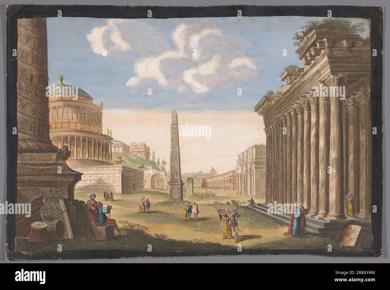 Blick auf die Ruinen der Trajanssäule, den Konstantinsbogen und andere Denkmäler in Rom, 1745-1794. Stockfoto