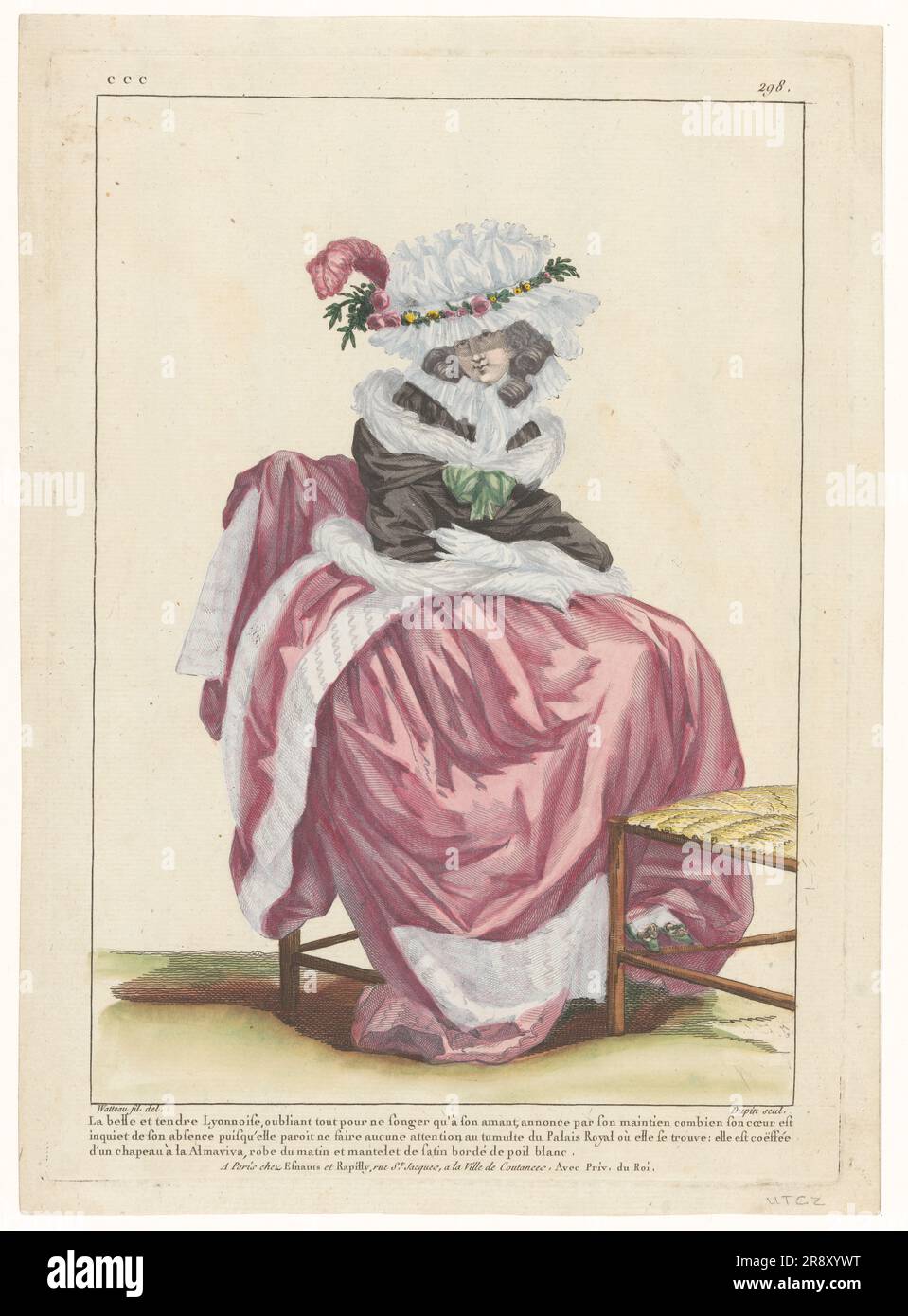 Galerie der französischen Moden und Kostüme, 1785, ccc.298:, 1782. 'La Belle et tendre Lyonnaise, oubliant tout pour ne Songer qu'&#XE0; son amant, annonce par son maintien combien son coeur est inquiet de son absence puisqu'elle paroit ne faire aucune attention au tumulte du Palais Royale o&#xf9; elle se'trouve: ele#xe9 & Chapeau;ele& XE0 la Almaviva, Robe du matin et mantelet de Satin Bord&#xe9; de poil Blanc'. (Die wunderschöne und zarte Lyonnaise, die alles vergisst und nur von ihrem Liebhaber träumt, zeigt durch ihre Behaglichkeit, wie ihr Herz durch seine Abwesenheit gestört ist, sie Pa Stockfoto