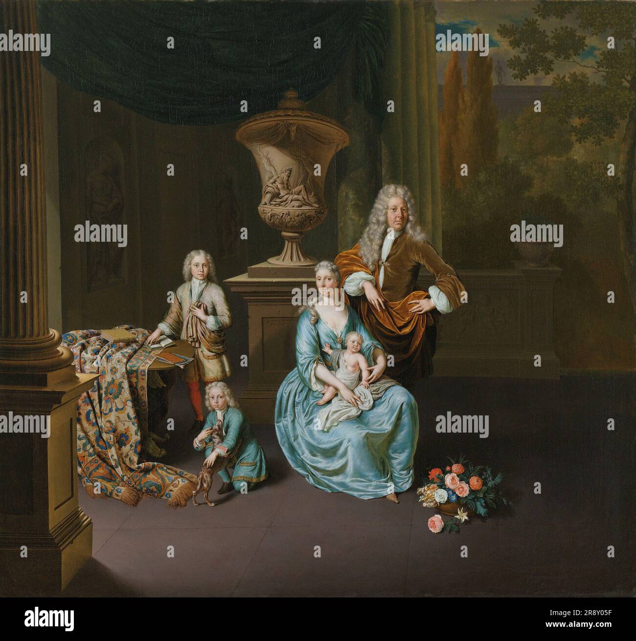 Diederik Baron van Leyden van Vlaardingen (1695-1764). Burgomaster von Leiden, mit seiner Frau Sophia Dina de Rovere und ihren Söhnen Pieter, Jan und Adriaan Pompejus, 1728. Stockfoto