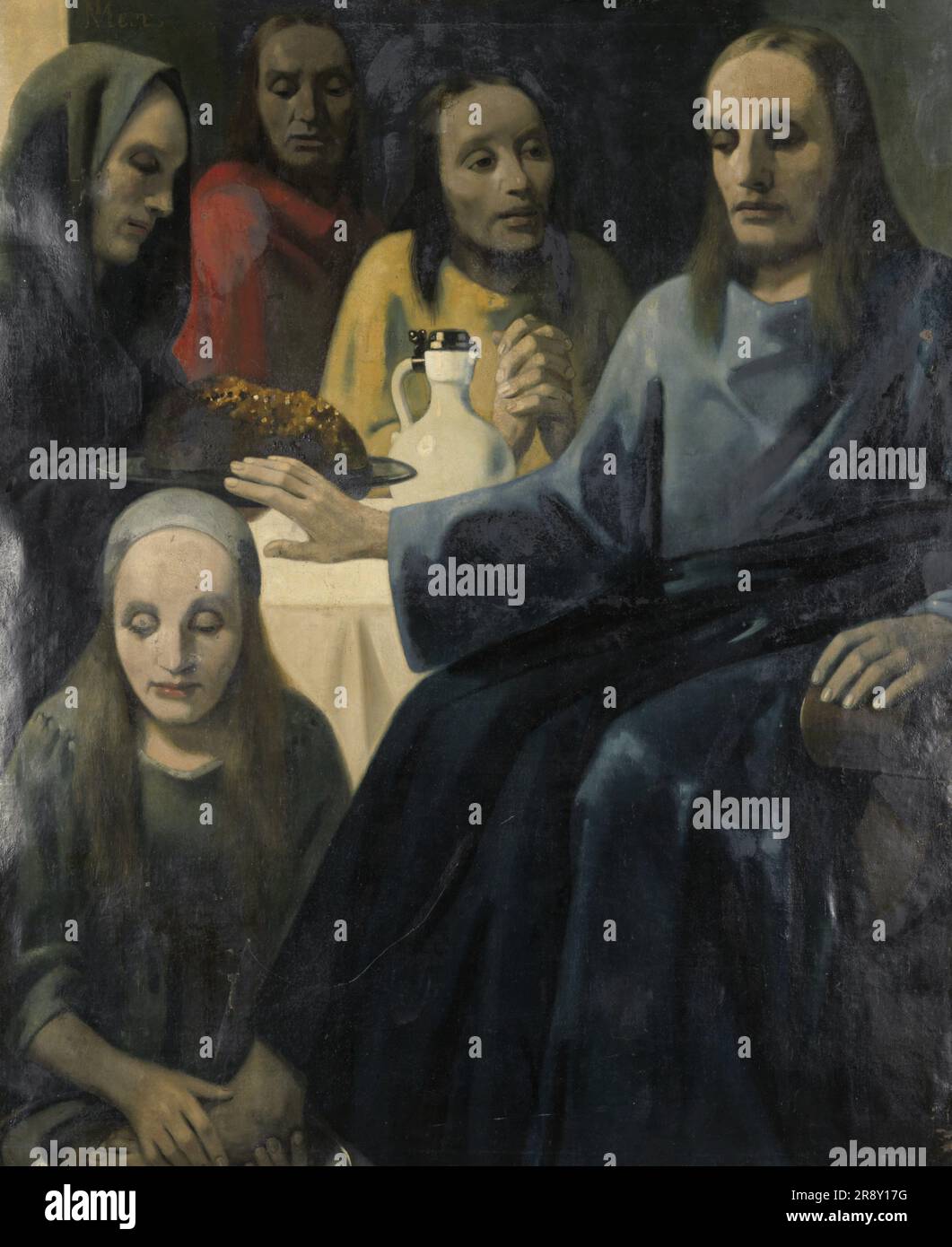 Das Waschen der Füße, 1935-1943. Maria salbt die Füße Christi, gemalt im Stil von Johannes Vermeer. Henricus Antonius van Meegeren war ein holländischer Maler und Portraitist, der als einer der genialsten Kunstfälscher des 20. Jahrhunderts gilt. Nach dem Zweiten Weltkrieg wurde er zum Nationalhelden, als bekannt wurde, dass er während der Nazibesetzung der Niederlande ein gefälschtes Gemälde an Reichsmarschall Hermann G&#xf6;Ring verkauft hatte. Stockfoto