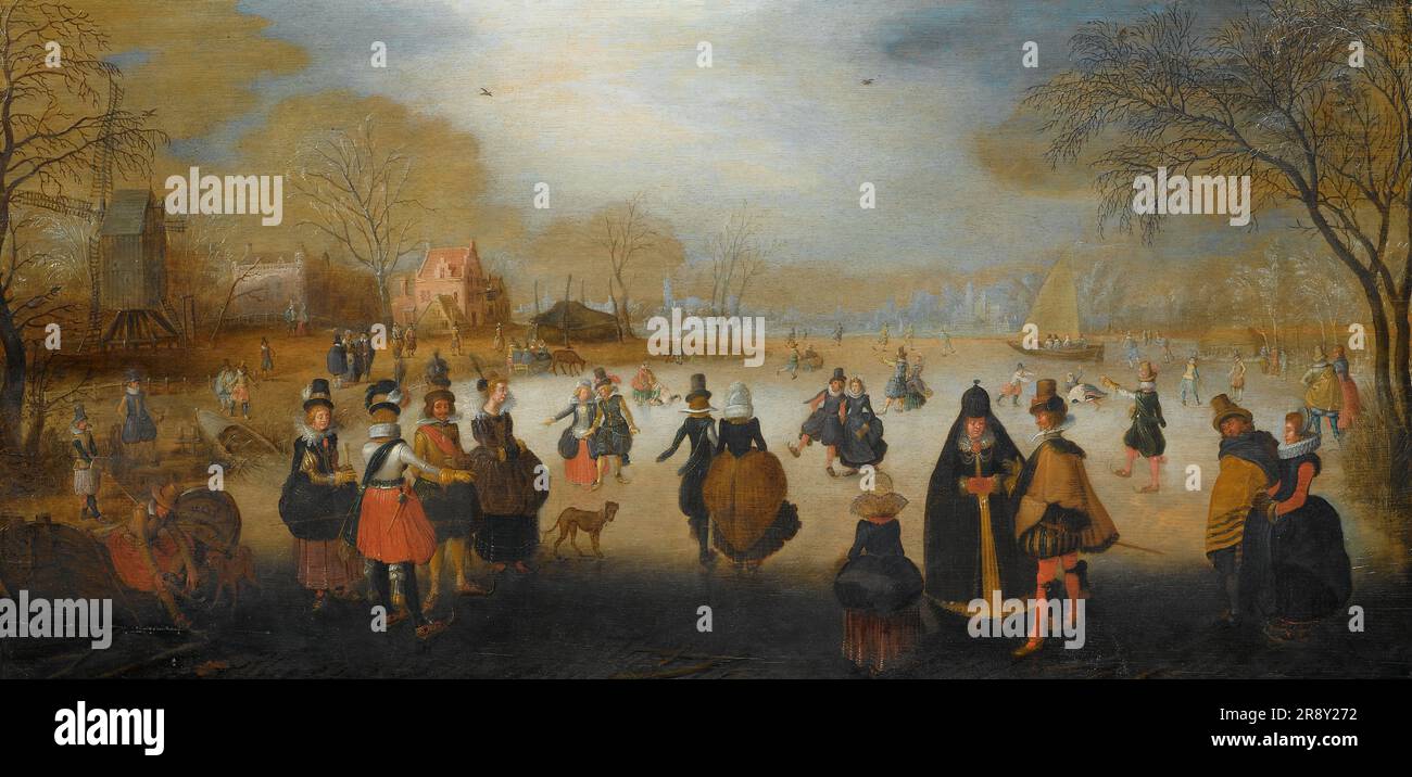 Winterlandschaft mit Skatern, c.1615-c.1620. Stockfoto