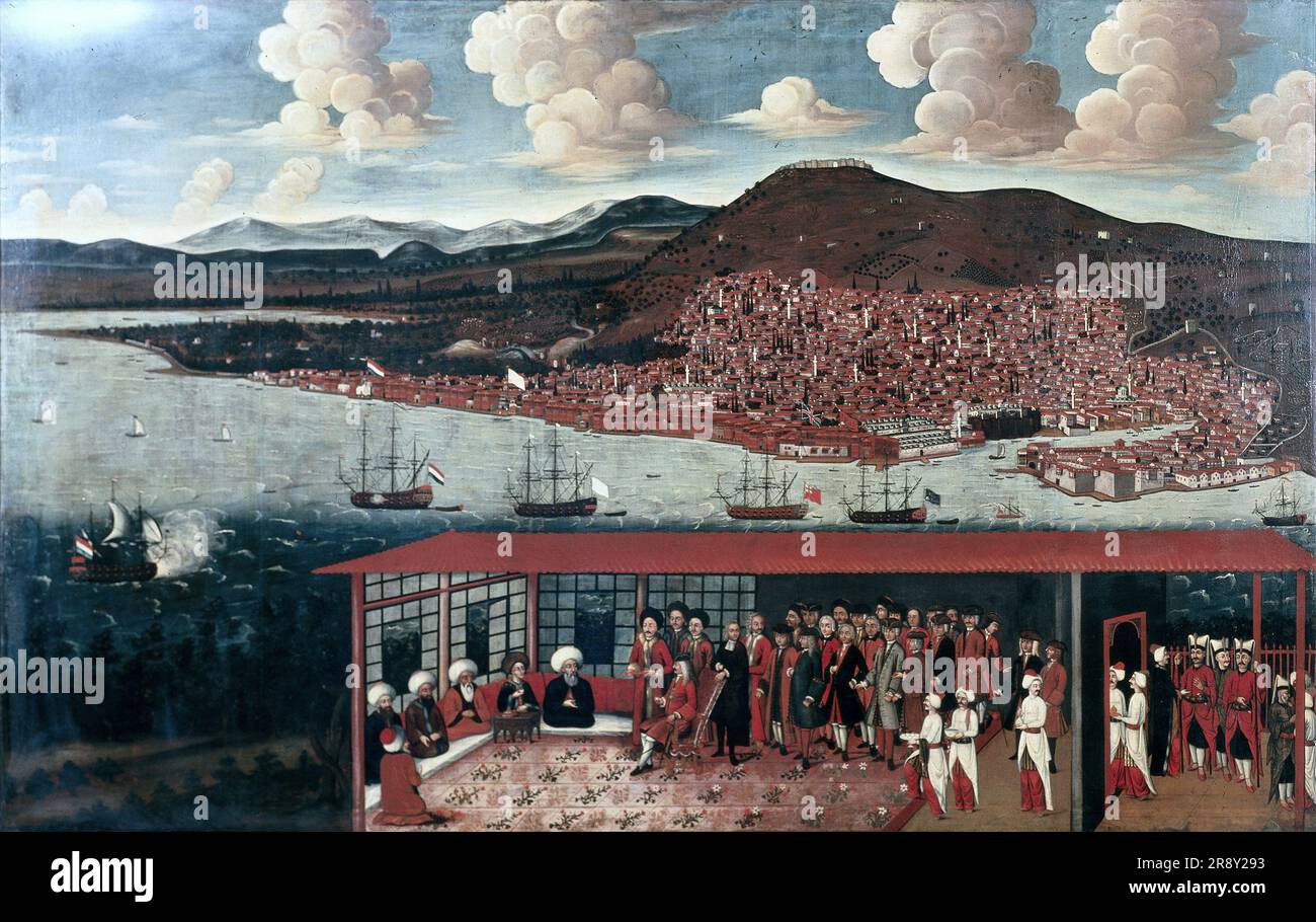 Blick auf Smyrna (Izmir) und den Empfang des Konsul de Hochepied (1657-1723) in der Ratskammer, c.1687-1723. Stockfoto