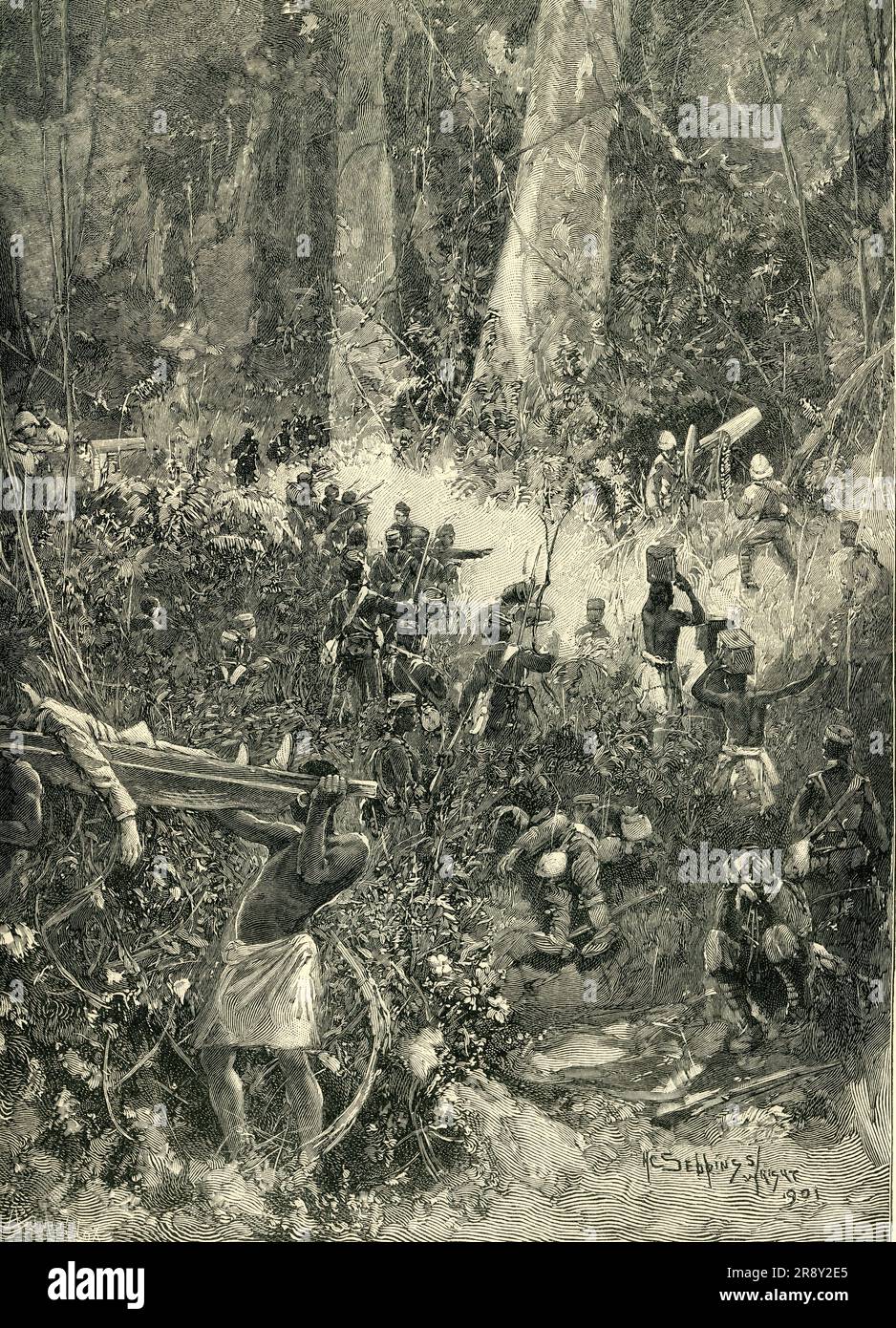 "Der Ashanti-Krieg von 1900: Ein Kampf im Wald", c1900. Anglo-Ashanti-Kriege, Westafrika. "Nur wenige schwierigere Kampagnen wurden je durchgeführt als dieser Vormarsch auf dem Höhepunkt der ungesunden Regenzeit, durch überflutete Wälder, durch eine Handvoll halber schwarzer Truppen, angeführt von drei oder vier galanten und hingebungsvollen britischen Offizieren. Der Feind, 40.000 Mann stark, war gerissen und mutig; sie kämpften in der Sicherheit dichter Wälder, mit denen sie vertraut waren, und wo es fast unmöglich war, sie zu sehen, selbst in der Mitte des Geschehens... das schreckliche Fieber des Landes... griff das U an Stockfoto