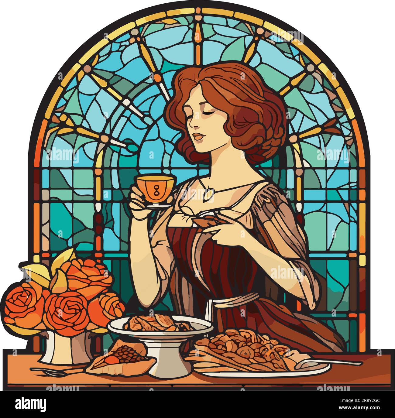 Buntglasfenster, Vektor einer Frau, die Tee trinkt, rote Haare, edwardianisches Kleid Stock Vektor