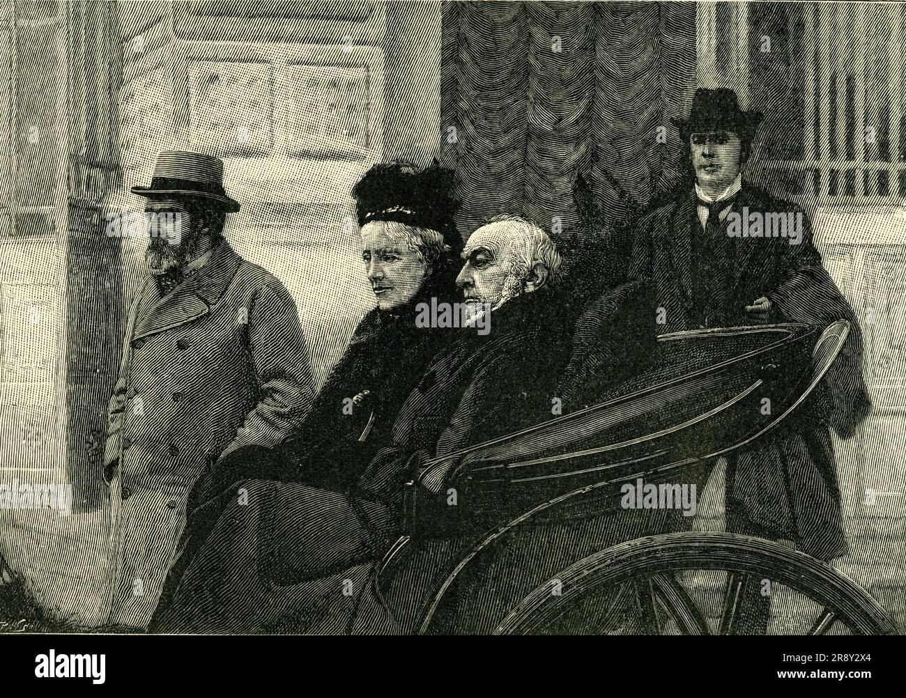 „Mr. Und Mrs. Gladstone Starting for a Drive from the Chateau Thorenc, Cannes“, 1898, (c1900). Der britische Premierminister und Politiker William Gladstone im Süden Frankreichs mit seiner Frau. Gravur nach einem Foto. Aus "Cassell's History of England, Vol. IX". [Cassell and Company, Limited, London, Paris, New York &amp; Melbourne] Stockfoto