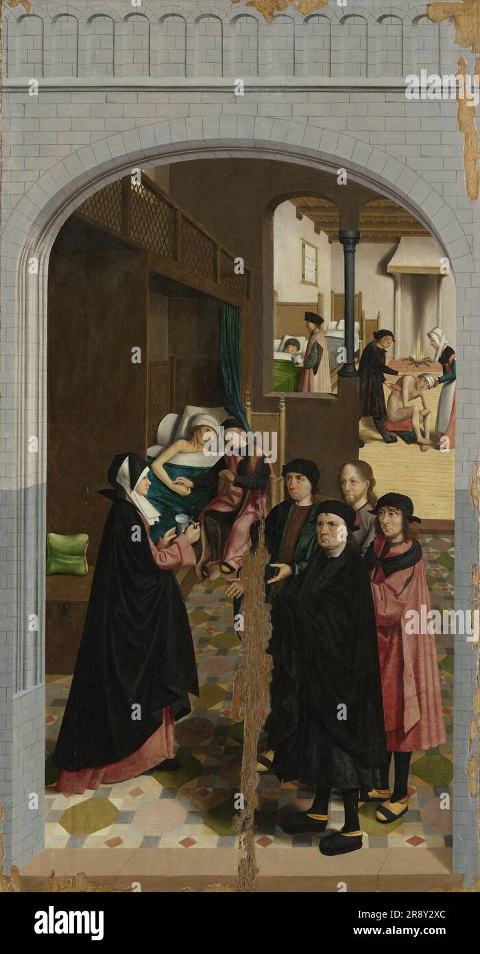 Die sieben Werke der Barmherzigkeit, 1504. Kranke besuchen. Eines der sieben Corporal Works of Mercy. Stockfoto