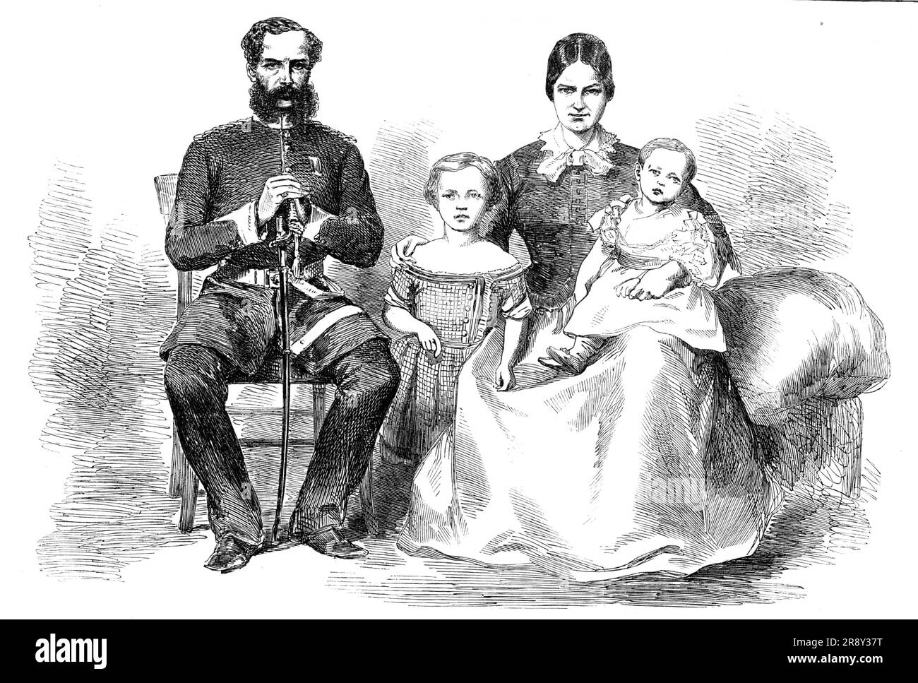 Colonel Inglis, der Kommandant von Lucknow, und Mrs. Inglis und Familie, 1857. Colonel Inglis trat im August 1833 als Fähnrich in das 32. Regiment der H.M. ein und blieb bis heute ohne Unterbrechung dort. Nach dem Ausbruch der indischen Meuterei war sein Regiment in Lucknow. Und nach dem Tod großer Banken... wurde Colonel Inglis das gesamte Vorgehen zur Verteidigung der Residenz übertragen. Um die Sprache der "Zeit" zu verwenden: "Die Verteidigung dieses Ortes ist, so glauben wir, beispiellos in der modernen Kriegsführung. Befestigte Städte, die mit ausreichender Gewalt verteidigt wurden Stockfoto
