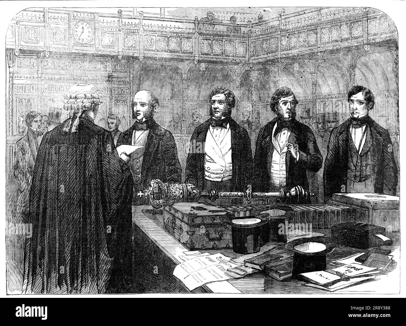 Mitglieder des Unterhauses, die die Eide ablegen, 1857. Aus den geheimnisvollen Vertiefungen der gelben Kästen mit Messingklammern werden längliche Pappstücke gezeichnet, die genau der Größe und dem Muster der Schreibunterrichtstafeln von Säuglingsschulen entsprechen, auf denen die Formen der Eide gedruckt sind. Eines davon wird an jedes Mitglied verteilt, das es so hält, wie eine Dame ihren Fan macht, mit dem erwarteten Unterschied, dass er es peinlich hält, Und es sieht so aus, als ob er es für ein albernes Anhängsel für seine männliche Person hielt. Der Angestellte liest dann laut die Form von Worten vor, auf der so viele Debatten aufgehängt wurden. Stockfoto