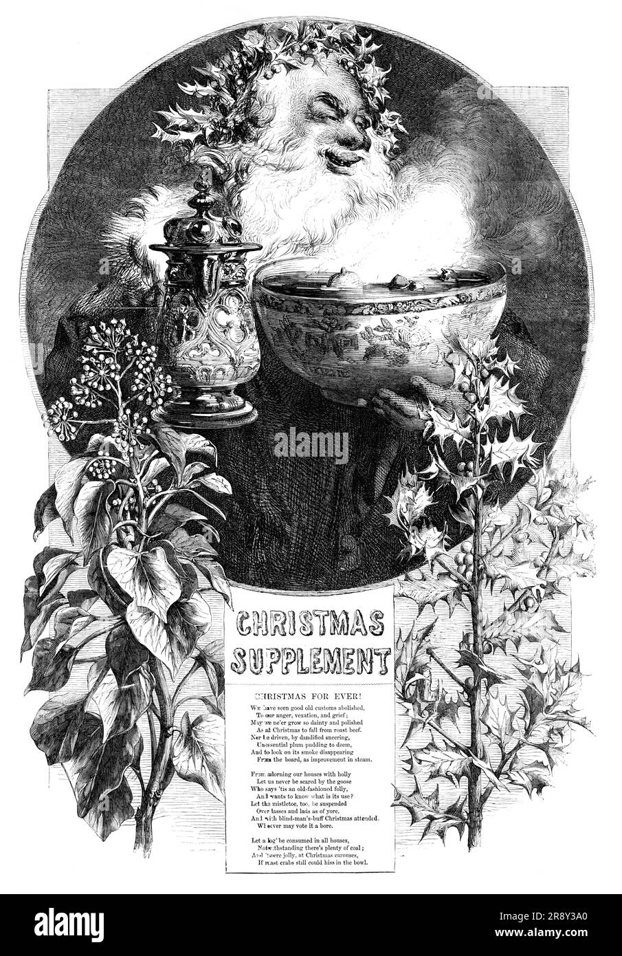 Weihnachtszusatz - Weihnachten Für Immer!, 1857. "Wir haben gesehen, wie gute alte Bräuche abgeschafft wurden, zu unserem Zorn, unserer Verzweiflung und unserem Kummer; mögen wir nicht so zierlich und poliert werden wie zu Weihnachten, um vom Roastbeef zu fallen. Und auch nicht von tändigem, lächelndem, unnötigem Pflaumenpudding getrieben zu werden, und auf seinen Rauch zu sehen, der aus dem Brett verschwindet, als Verbesserung des Dampfes, von der Gans, die sagt: "Es ist eine altmodische Torheit, Und möchte wissen, was es nützt? Lass auch den Mistelzweig über Brille und Jungs hängen, und mit Blindenbube Stockfoto