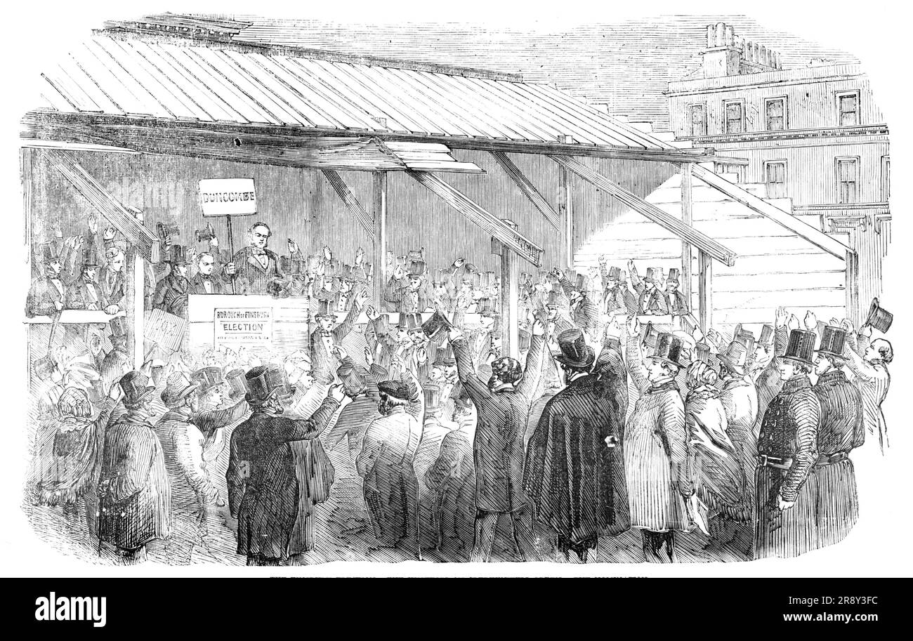 Die Finsbury-Wahl: Die Tricks auf Clerkenwell-Green: Die Nominierungen 1857. "Am Ende der Wahl um vier Uhr hatten mindestens 10.000 Personen assembled...in die Hoffnung, eine Rede von einigen der Kandidaten zu hören, vor allem von denjenigen, die als erfolgreich verstanden wurden; doch sie waren zur Enttäuschung verdammt, Und um dieses Manko auszugleichen, hielt ein "unabhängiger" Wähler eine Rede aus dem Fenster von Mr. Cox' Komitee, der Crown Tavern, die einen so aufregenden Effekt auf sein Gehör zu haben schien, dass mehrere Kämpfe stattfanden und der Aufruhr nur noch gering war Stockfoto