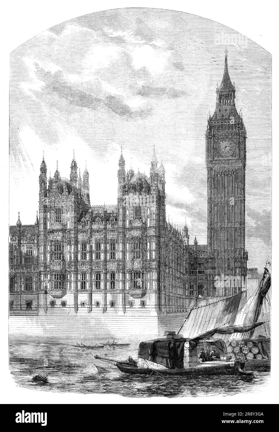The Clock-Tower and Speaker's Residence, New Houses of Parliament, [London], 1857. Der Turm, in dem sich „Big Ben“ befindet, war ursprünglich als St. Stephen's Tower bekannt. Blick auf '...die Flussfront mit Blick auf die Themse, von deren Ufern [der Turm] majestätisch aufgeht...die Gesamthöhe des Turms bis zum Gipfel des Finals beträgt 310 Fuß. Das Dach besteht aus galvanisiertem Gusseisen, das Finale oben ist aus geschmiedetem Kupfer und Gold, und das Gesamtgewicht des Daches wird auf 300 Tonnen geschätzt... die Wände wurden unter zwei Auftragnehmern errichtet - dem unteren Teil des Uhrenturms, glauben wir, von Mr Stockfoto