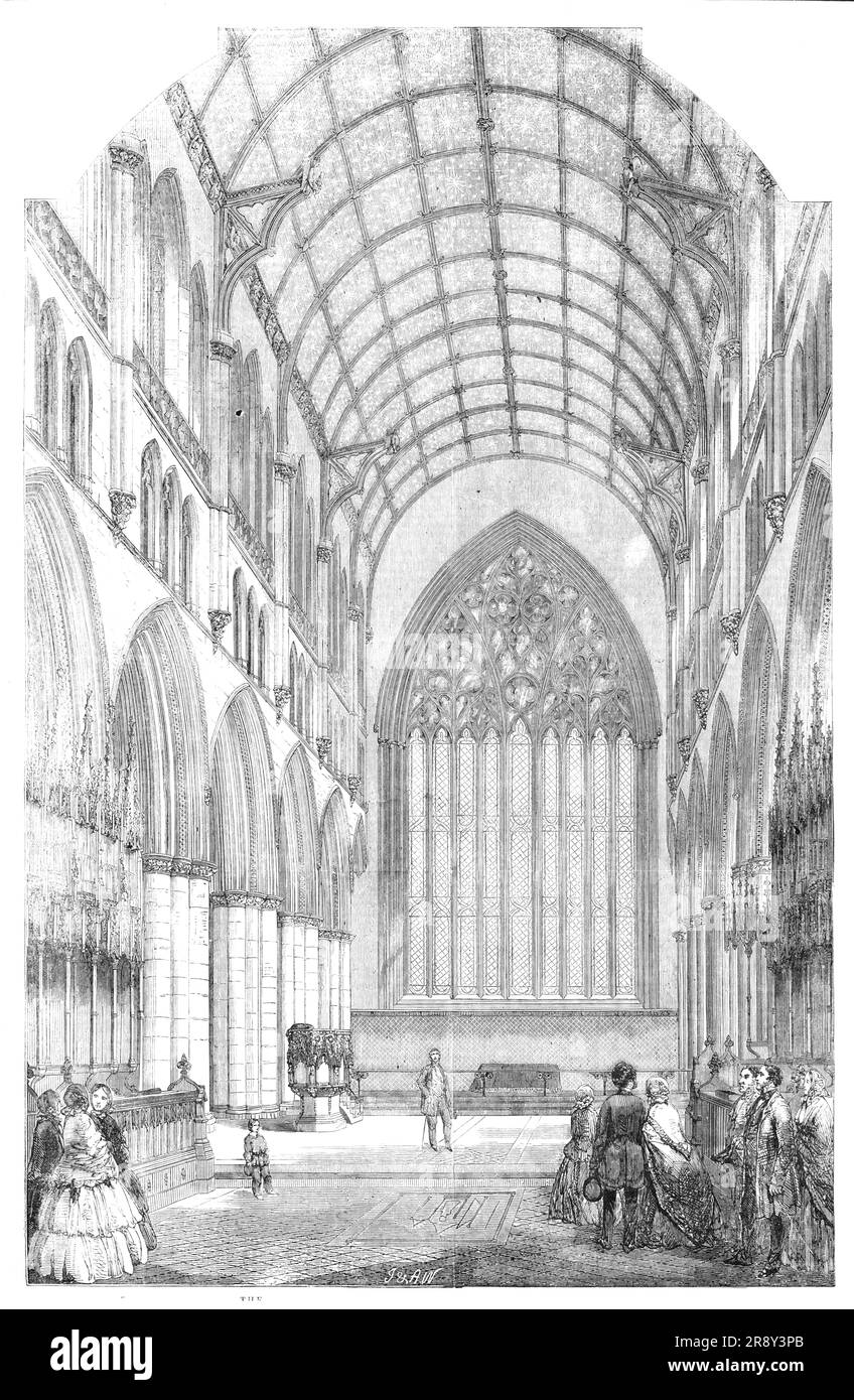 Der Chor der Kathedrale Kirche St. Mary, Carlisle, restauriert, 1857. Blick auf den Chor mit Blick nach Osten... die ältesten Teile der Kathedrale selbst sind die Teile, die im 11. Und 12. Jahrhundert errichtet wurden... das große Ostfenster... stammt aus der Mitte des 14. Jahrhunderts... und ist einer der schönsten Teile des Königreichs... die elegante halbrunde Eichendecke, Das aus dem Jahr 1764 von einem hässlichen Rippen- und Gipsverband verborgen wurde, wurde ans Licht gebracht und erscheint in seiner unberührten Pracht, jetzt reich dekoriert in Gold und Farbe... das ganze Material ist jetzt ein Magni Stockfoto