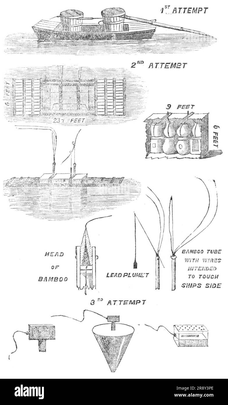 Chinesische Infernal-Maschinen, 1857. "...schwebte bei Nacht mit der Aussicht, das Schiff in die Luft zu jagen. Encounter] auf... ein Sampan, von einem Kanu abgeschleppt... die Fuze wurde in den Bambusrohren an der Seite angezündet... zwei Flöße, die together...in pro Person festgemacht haben, mindestens 17 cwt. Schießpulver in offenen Wannen und Gläsern... Ein Paar Gefäße... etwa acht Zentimeter lang; die Fuze, mit einer Blechbox mit Punk über der Fuze; dann eine Abdeckung mit beleuchtetem marsch oben: Das hatte eine Schnur, die, wenn sie gezogen wurde, die mittlere Trennwand herauszog, und das Feuer an den Punk weiterleitete, damit die Kerle, die mit ihnen wegschwammen, es konnten Stockfoto