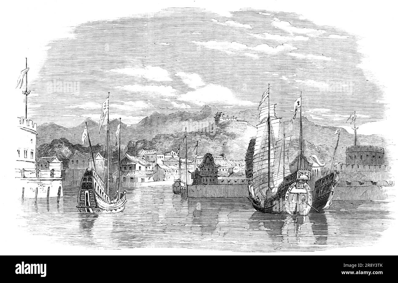 Der Krieg in China - der Hafen von Shanghai, 1857. „Schanghai ist einer der wichtigsten Orte des chinesischen Handels, der jetzt für Europa geöffnet ist, und befindet sich am Ufer des Flusses Woosung... der Eingang ist stark geschützt durch eine lange Schlange von Batterien... auch ein schwerer runder Turm oder eine Festung mit Schwermetall; Während das linke Ufer von einer starken Batterie und einem Schloss verteidigt wird... der Handel zwischen diesem Hafen und Nankin ist immens, die Dschunks beladen mit Getreide, Zucker, &amp;c, die den Canal Grande in der Stadt Ching-Keang-Foo erreichen... und dann nach Pekin. Nur wenige Menschen können sich eine Vorstellung von der Schönheit dieses Flusses machen, der Ausdehnung Stockfoto