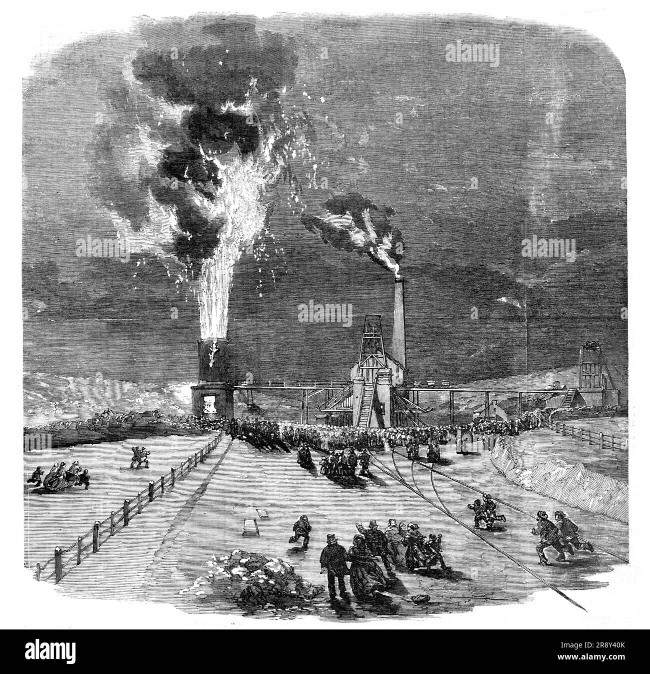 Die Explosion in Lund Hill Colliery, Barnsley, 1857. Eine Katastrophe in einer Kohlemine der South Yorkshire Railway, die Taylor und Co. Gehört „...eine furchtbare Explosion geschah, die den Boden über große Entfernungen erschütterte... das Innere der Grube wurde durch die Explosion in Brand gesetzt, und die Flammen breiteten sich so schnell aus, dass sie jede Chance verhinderten, den Teil der Grube zu erreichen, wo der Rest der Männer war (Ca. 170) sollten sein... die Flammen, die den Luftschacht aufsteigen, 220 Meter tief, erreichten mehr als 20 Meter über der Spitze, und erleuchteten das Land über eine Entfernung Webster g Stockfoto