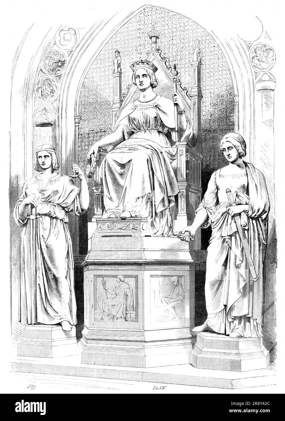 Marble Group in the Prince's Chamber, House of Lords - her Majesty Queen Victoria, unterstützt von Justice and Clemency, John Gibson R.A., Bildhauer, 1857. "Die Figuren sind riesig, die ihrer Majestät, die 1,80 m hoch ist, und die der Angehörigen, die über 7 m hoch sind..." "das Subjekt ist Königin Victoria, die auf ihrem Thron sitzt, ihr Zepter und eine Lorbeerkrone hält, das heißt, sie regiert und belohnt: Die Lorbeerkrone kann als Zeichen der Ehre angesehen werden, die dem Intellekt und Tapferkeit verliehen wurde... auf der rechten Seite des Herrschers steht Gerechtigkeit: Auf der linken Seite Clemency. Der erste hält das Schwert und. ba Stockfoto