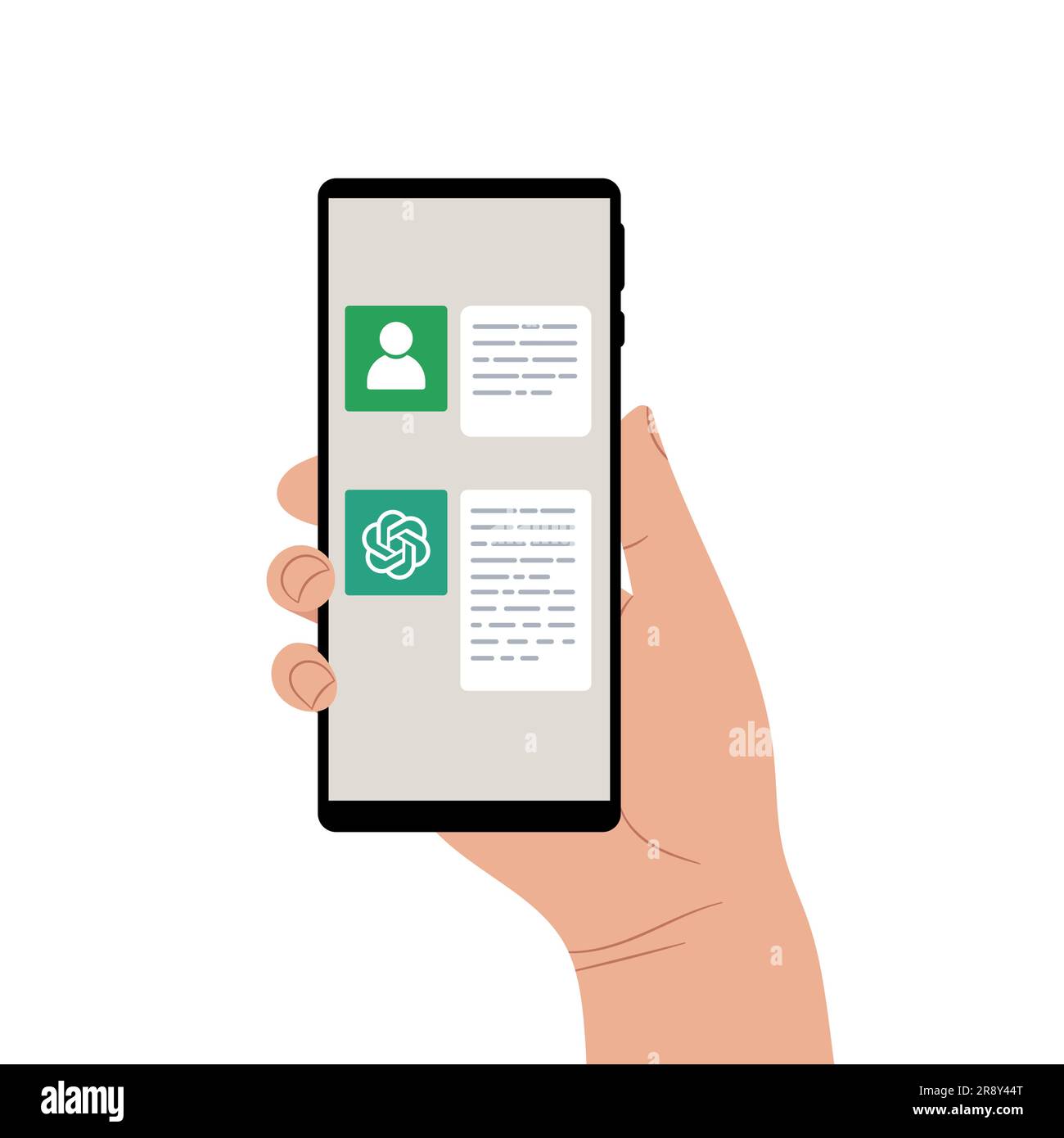 Minsk, Belarus – 03-27-2023. Mann mit Telefon und künstlichem Chatbot-Systemassistenten. Smartphone-Bildschirm-App-Schnittstelle. In Hand-Technologie künstlich Stock Vektor