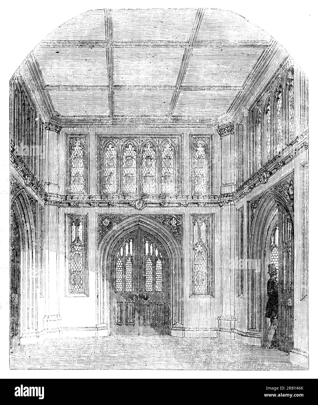 Vorraum für die Bibliothek des Unterhauses, 1857. Das Innere des Palace of Westminster, London. "Es wäre schwierig, auf ein antikes oder modernes Gebäude hinzuweisen, in dem Stil und Charakter der Architektur umfassender umgesetzt werden als in den neuen Houses of Parliament. Jede Wohnung und jedes Kommunikationsmittel in diesem riesigen Gebäude hat seine Merkmale des Tudor-Palaststils, den Sir Charles Barry angenommen hat... ist ein Vorraum, der mit der Bibliothek des Unterhauses kommuniziert. Die Türverkleidungen sind mit Glas- und Messingspalmen gefüllt; A Stockfoto