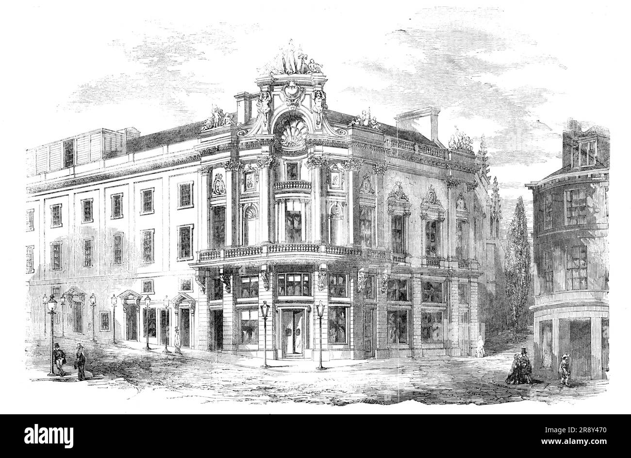 Das Queen's Theatre und Opernhaus, Edinburgh, 1857. "Dieses neu gebaute Theater, entworfen von Mr. Bryce, gilt als glaubwürdig für den Geschmack und das Können des Architekten, sowohl hinsichtlich der malerischen Fassade des Gebäudes als auch hinsichtlich der zweckmäßigen und praktischen Konstruktion des Innenraums. Das Haus hat etwa 1700 Sitzplätze und verfügt über drei Ebenen mit Boxen und Galerien. Die Annahme der halbrunden Form anstelle des Hufeisenhufers verkürzt den Abstand zwischen den Mittelkästen und der Bühne erheblich. Und verbessert so sowohl die Kraft der Stimme als auch die Wirkung des sc Stockfoto