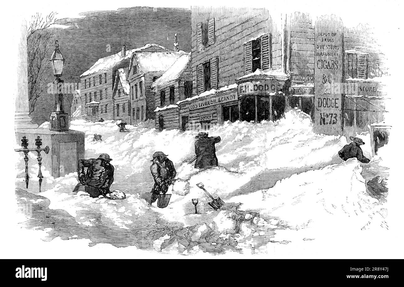 The Recent Deep Snow in Massachusetts: Street in New Bedford, [USA], 1857. "Nicht seit 25 Jahren wurde dieser Teil des Landes von einem so schweren Schneesturm besucht (und der Telegraf - unsere einzige Kommunikation aus der Ferne - schickt uns ähnliche Berichte): Ein Schneefall, begleitet von einem heftigen Wind, der den Schnee driftet, um die Bahnverbindung zu unterbrechen und das Geschäft der Stadt vollständig zu behindern, alle Geschäfte geschlossen und das einzige Geschäft, das man als "Ausbrechen" und "Gleisen machen" bezeichnet. Der New Bedford Evening Standard informiert uns darüber Stockfoto