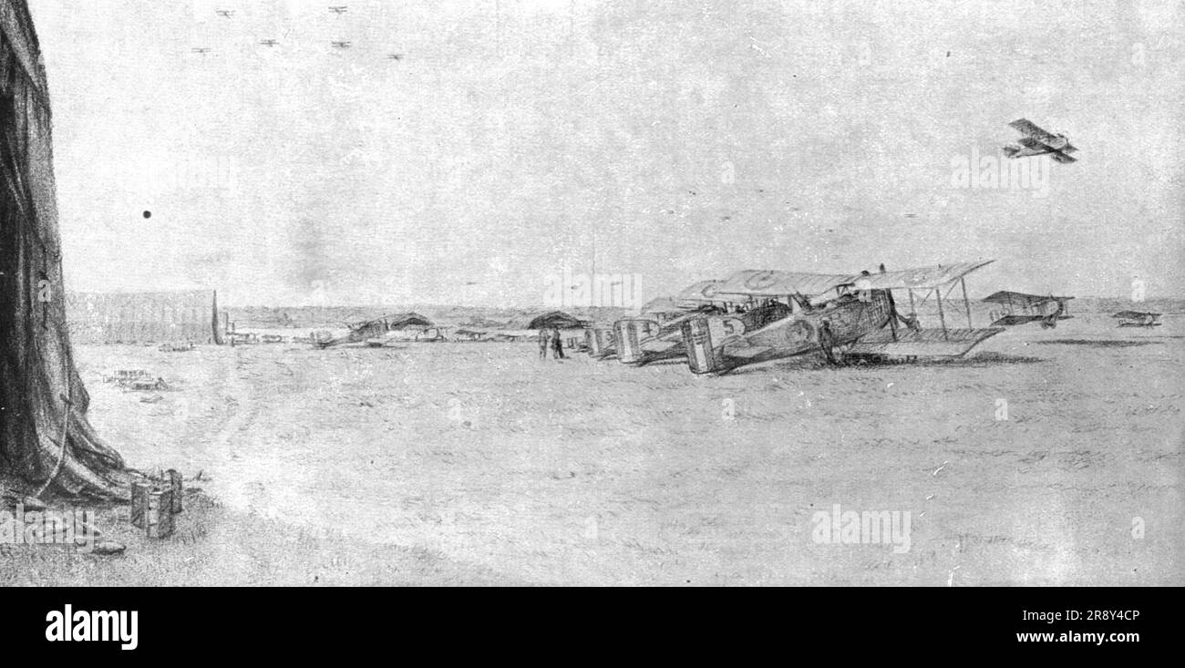 "'Combat Aerien; en escadre; Depart d'une escadre; trois escadrilles sont deja formees en l'air et evoluent tandis que d'autres avions decollent', 1918. Aus „L'Album de la Guerre 1914-1919, Band 2“ [L'Illustration, Paris, 1924]. Stockfoto