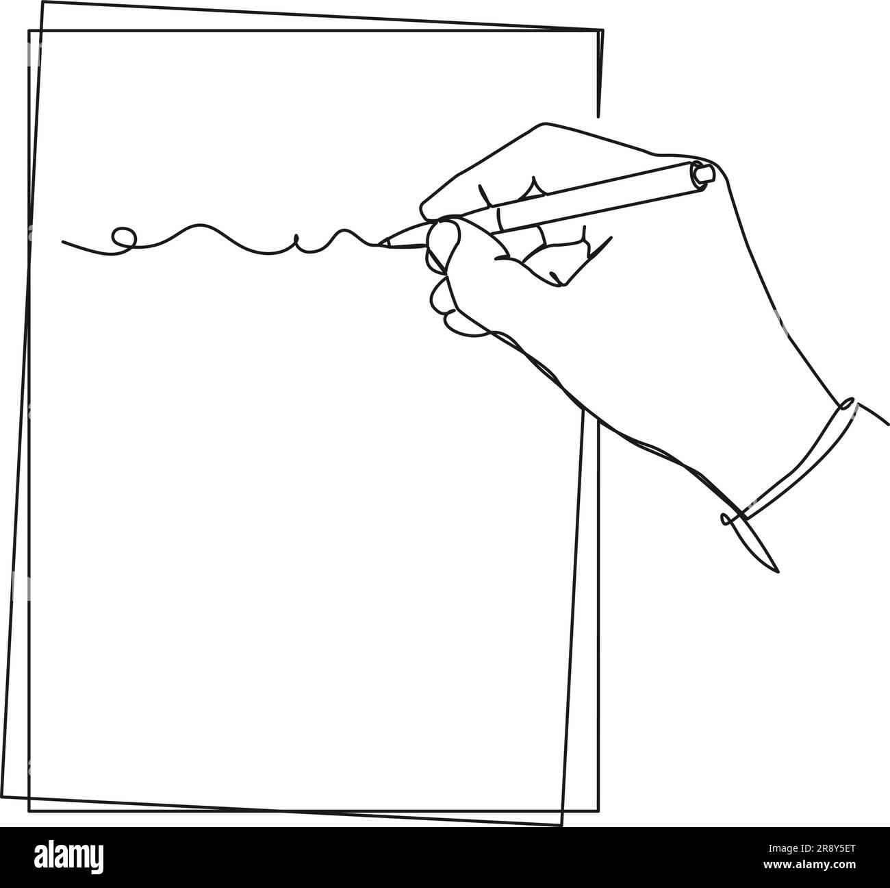 Fortlaufendes einzeiliges Zeichnen von Hand mit Stift auf einem Blatt Papier, Strichgrafiken-Vektordarstellung Stock Vektor