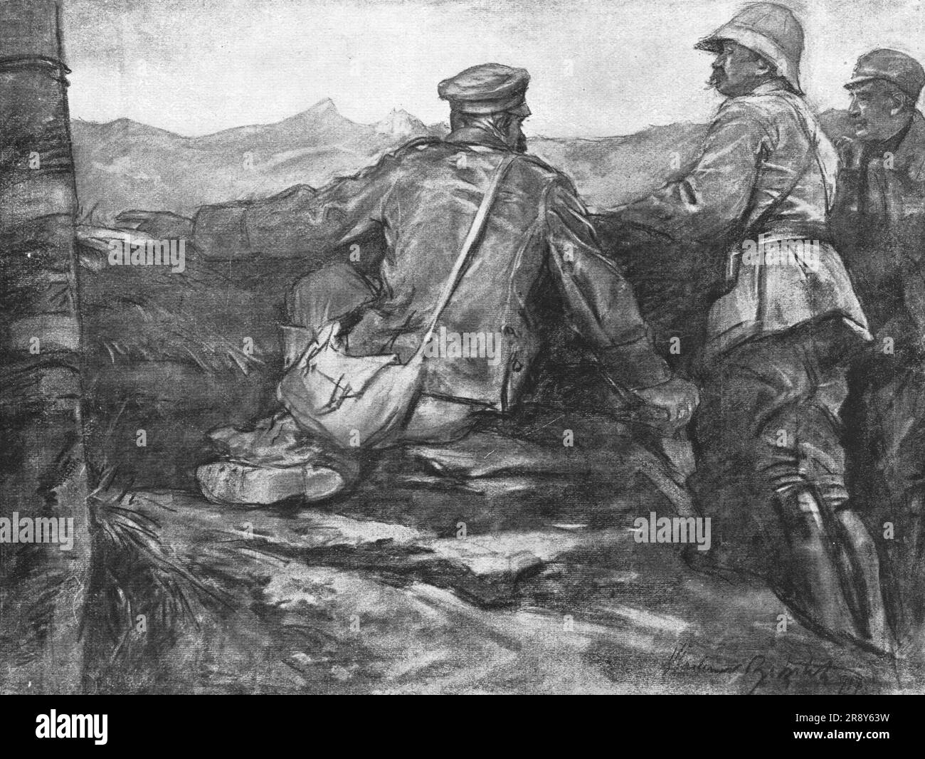 "Le Terrain de l'Offensive; Prisonnier bulgare montrant a deux Officiers, un Francais et un Serbe, les positions des batteries ennemies sur le Dobropolje, a gauche, et le Vetrenik, a droite", 1918. Aus „L'Album de la Guerre 1914-1919, Band 2“ [L'Illustration, Paris, 1924]. Stockfoto