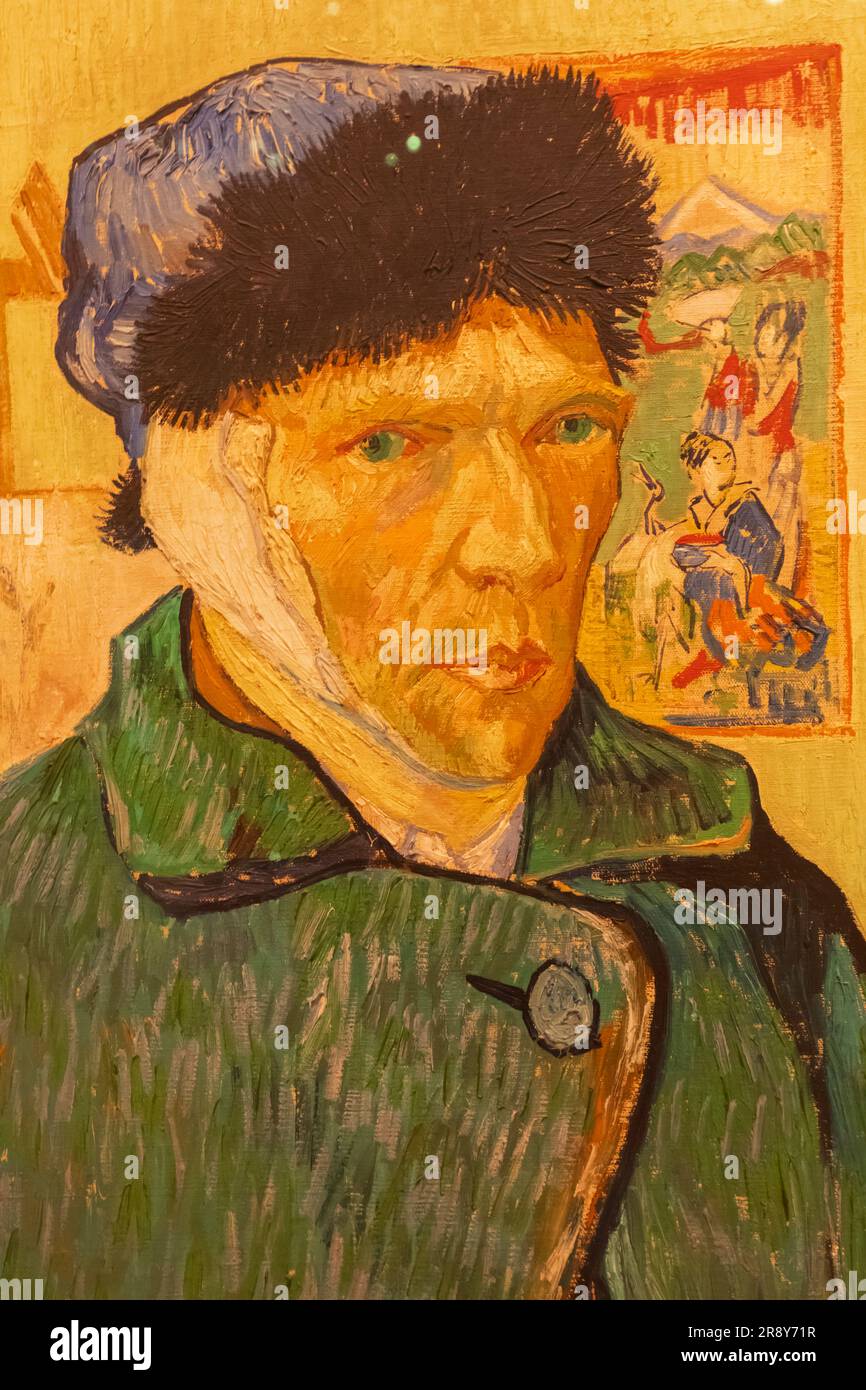 England, London, The Strand, Courtauld Gallery, Gemälde mit dem Titel „Selbstportrait mit Bandage Ear“ von Vincent van Gogh aus dem Jahr 1889 Stockfoto