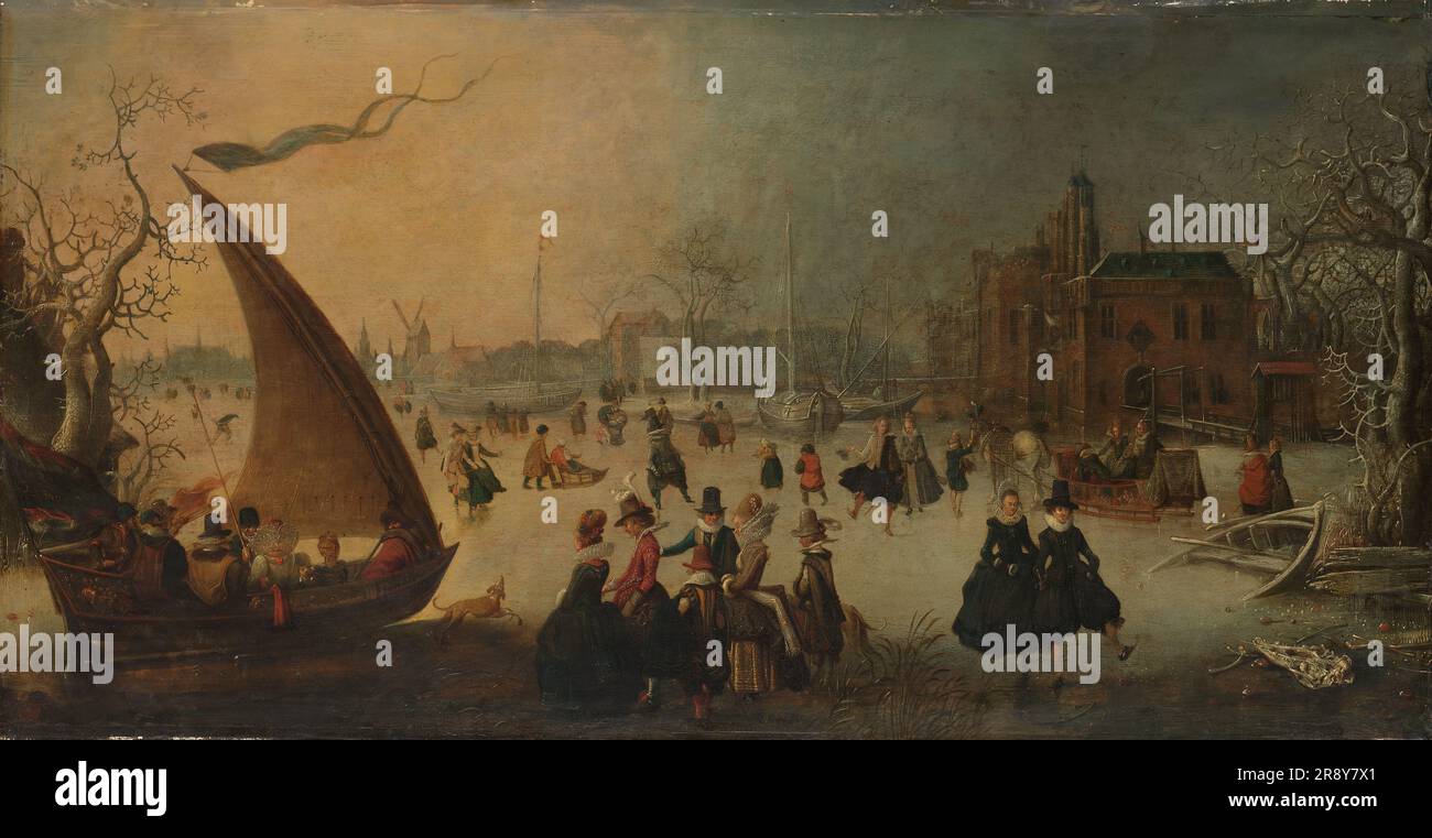 Landschaft mit gefrorenem Kanal, Skatern und einem Eisboot, 1611. Weitere Titel: Wintersport. Stockfoto
