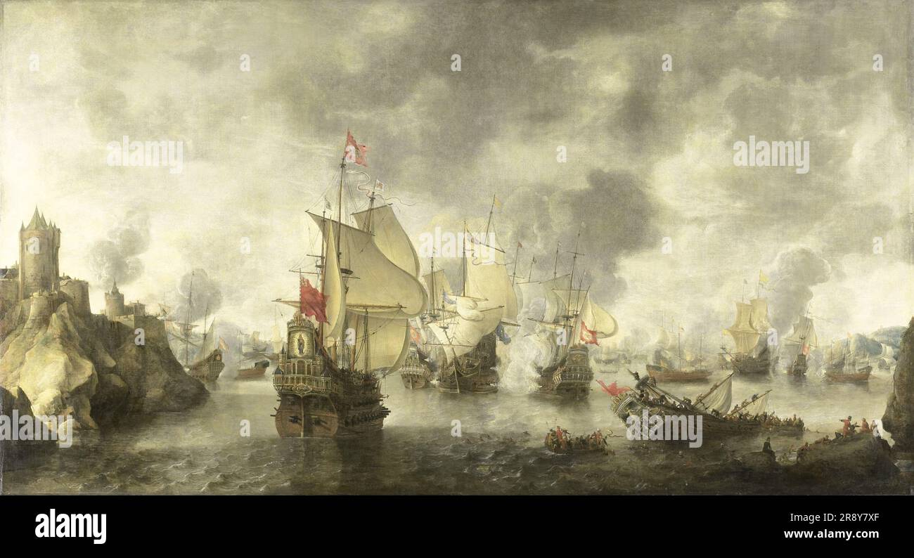 Schlacht der venezianischen und niederländischen Flotte gegen die Türken in der Bucht von Foya, 1649, 1656. Stockfoto