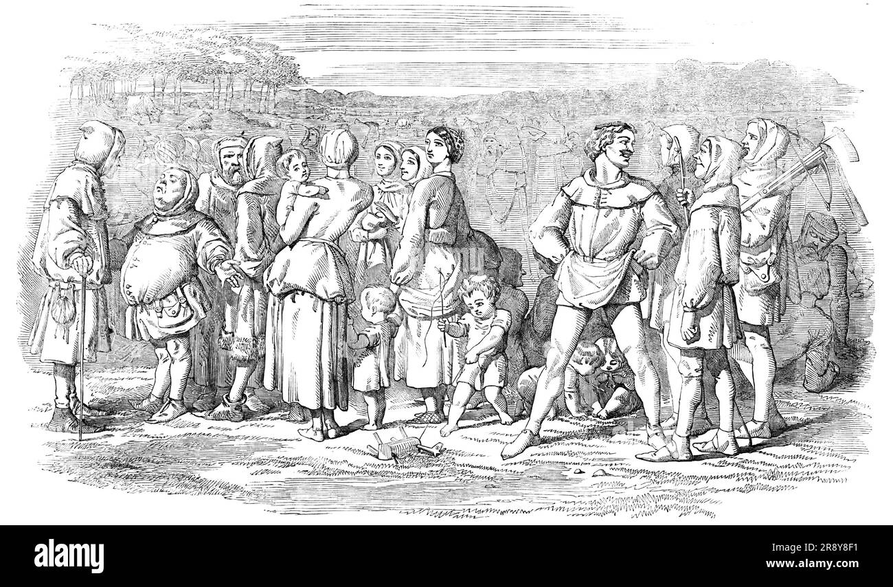 Bürger Londons auf den schönen Weiden von Smethefelde, 1857. Szene aus "Master Walter, der Arzt. Eine Geschichte des alten London": „Die Smethefelde wurde an diesem Nachmittag mit Gruppen von Bürgern, die ihre Frauen und Kinder mitgebracht hatten, umringt, um einen Spaziergang durch die schönen Weiden zu genießen, die Turnmill Brook umschlossen... wo immer das Auge über diese grasbedeckten meadows...it auf schwule und abwechslungsreiche Kleider fiel. Die altmodischeren Staatsbürger hielten sich an die grüne Kirsche, die seit der Eroberung üblich war; aber es gab viele, die die zunehmende Extravaganz begannen Stockfoto