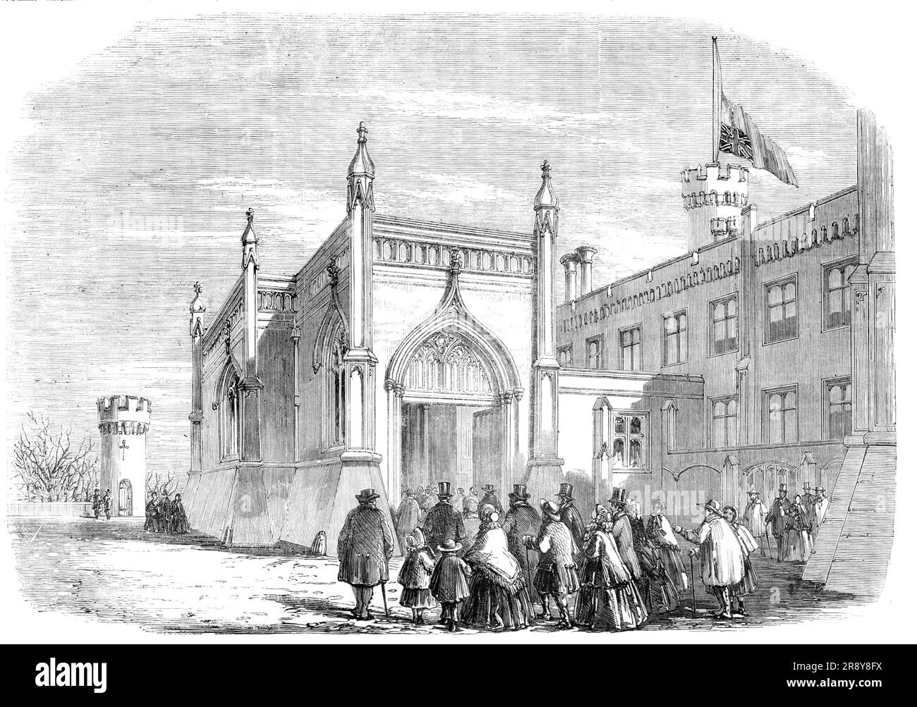 Beerdigung des verstorbenen Herzogs von Rutland: Tenantry geht zum Lay-in-State, Belvoir Castle, 1857. Bauernarbeiter, die John Manners, dem 5. Herzog von Rutland, Respekt zollen. "...notwithstanding die Schwere des Wetters, 1037 Personen am ersten Tag und 2674 am zweiten Tag; Insgesamt waren es fast 4000 Besucher... vom Schloss aus wurden Karten ausgestellt, die jeden Mieter seiner Gnaden einluden, bei der Beerdigung anwesend zu sein, auch wenn seine Miete nur einen Schilling betrug! Die Besucherzahl war daher sehr groß und umgab den Weg vom Schloss zum Mausoleum bis zur calle Stockfoto