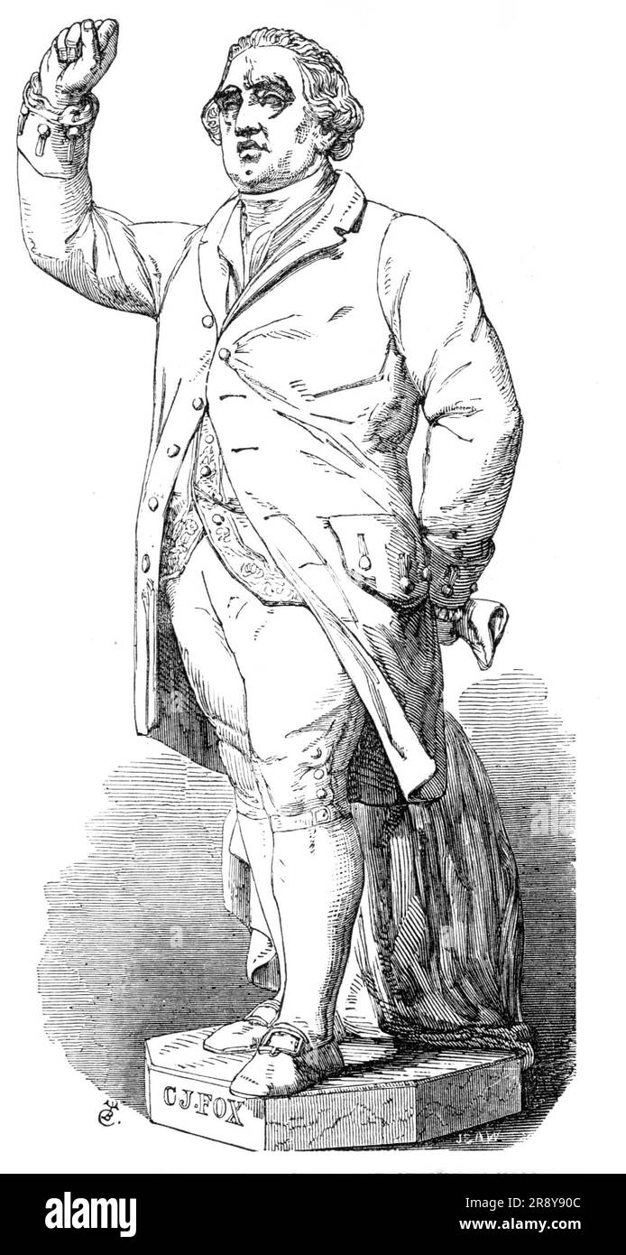 Statue von Charles James Fox, in St. Stephen's Hall, [Houses of Parliament, London]. Baily, Bildhauer, 1857. Die sperrigen Anteile dieses gefeierten Staatsmannes scheinen nicht mit den anderen Figuren in St. zu harmonieren Stephen's Hall. Wir können nicht umhin zu glauben, dass, wenn die Figur in eine ruhige Haltung versetzt worden wäre, anstatt die gegenwärtige, die eine verurteilt, mehr Wirkung erzielt worden wäre, und eine Ungeschicklichkeit verloren gegangen wäre, die nun die Statue durchdringt... eine Hand wird angehoben, während die andere hinter sich liegt. Er trägt den quadratischen Mantel, der mit einem Knopf an der Brust zugeknöpft ist Stockfoto