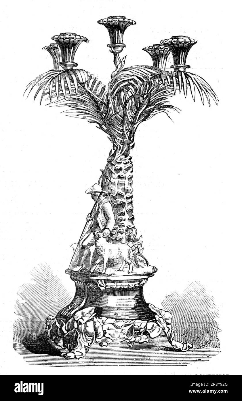 Zeugnis für Captain Fitzgerald, Ex-Gouverneur von Westaustralien, 1857. Candelabrum hergestellt von den Herren Hunt und Roskell, von New Bond-Street... die Inschrift auf der Basis des unterfütterten Candelabrums wird alles erzählen, was sein Bildvertreter unausgesprochen gelassen hat: Präsentiert an Charles Fitzgerald, Esq., R.N. [Royal Navy], von einem Teil der Kolonisten Westaustraliens, als Tribut ihrer Wertschätzung und ihres Respekts, und in Anerkennung seiner eifrigen und aufrechten Bemühungen, die Interessen der Kolonie während eines Zeitraums von sieben Jahren Regierung der G zu fördern Stockfoto