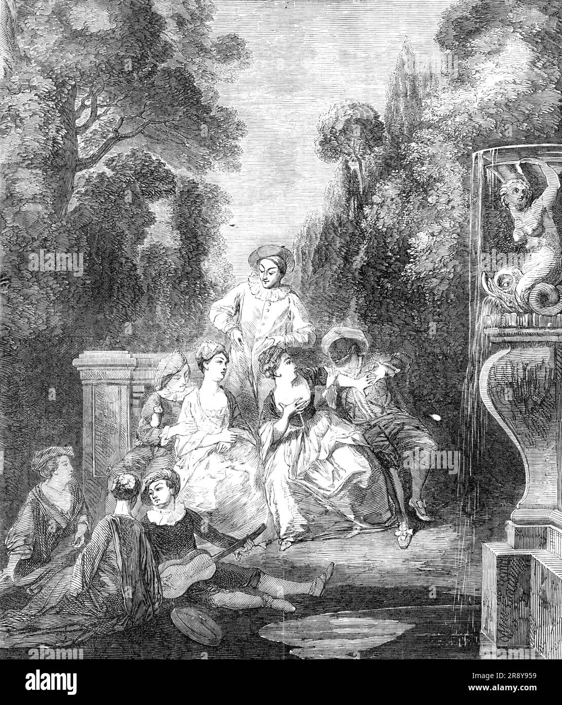 "A Fete Champetre", gemalt von Watteau, 1857. Gravur eines Gemäldes. Im Vordergrund bittet ein Gentleman eine Dame, das Tamburin zu nehmen und ihn in einem Duett zu begleiten. Auf der linken Seite ist ein ruhiges und friedliches Paar von Liebenden, zu ruhig, um demonstrierend zu sein, aber die Dame gibt eine indolente instinktive Imitation des Spiels, bei dem ihr Freund und der maskierte Kavalier gespielt haben. Letztere versucht, eine Beschlagnahmung zu erreichen, die die junge Dame nicht ihrem unbekannten Verfolger unterwerfen kann. Die zentrale Figur, die des Pierrot, der in einer leichten Haltung steht Stockfoto