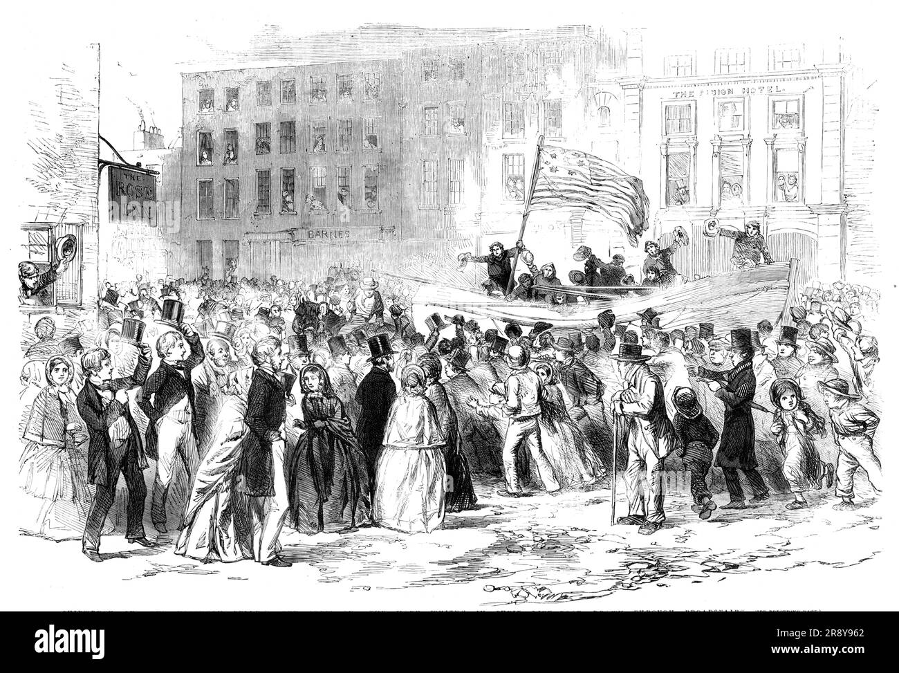 Schiffswrack der "Northern Belle": Die Crew der "Mary White", in ihrem Rettungsboot, gezogen durch Broadstairs, 1857. Rettungsbooter retteten das Leben der Crew eines US-Schiffes, das vor der Küste von Kent zerstört wurde. "...wurde die Mary White von drei Pferden auf ihren Truck geschleppt." Auf dem Boot saß ihre galante Crew. An ein amerikanisches Ruder gebunden war der amerikanische Standard, der erst kürzlich als Zeichen der Not angehoben wurde. Die zerrissene Flagge flatterte über den gebrochenen Bogen der Mary White. So fuhr das Boot durch die Straßen von Broadstairs, inmitten der jo Stockfoto