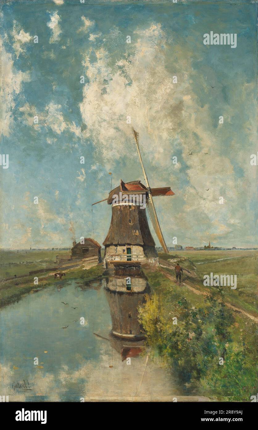 Eine Windmühle auf einem Polder Waterway, bekannt als &#X2018;im Juli&#X2019;, c.1889. Unser Land ist bunt, saftig, fett. (...) Ich wiederhole, unser Land ist nicht langweilig, nicht einmal bei stumpfem Wetter, die Dünen sind auch nicht langweilig', die Konstante Gabri&#xeb;Ich schrieb in einem Brief. Im Gegensatz zu vielen Künstlern der Haager Schule hat er schöne Sommertage gemalt. Hier gibt es zwei: Das Gras, der Himmel und die Windmühle spiegeln sich im Wasser wider. Stockfoto
