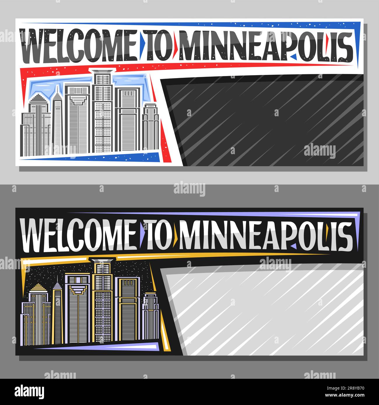 Vektorlayouts für Minneapolis mit Kopierbereich, dekoratives Ticket mit Illustration der Stadtlandschaft von minneapolis bei Tag und Abenddämmerung im Hintergrund, Art desi Stock Vektor