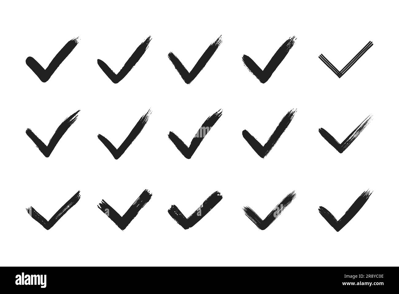 Schmutzige, von Hand gezeichnete Zecke V mit Pinselstrichen Vektorbildungs-Set isoliert auf weißem Hintergrund Grafikdesign. Häkchensymbol SCHALTFLÄCHE JA für Stock Vektor