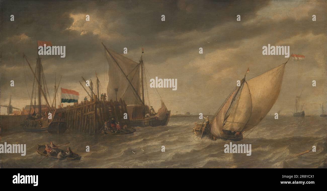 Reisende, die bei starkem Wind an einer Anlegestelle der Schelde aussteigen, c.1635. Stockfoto