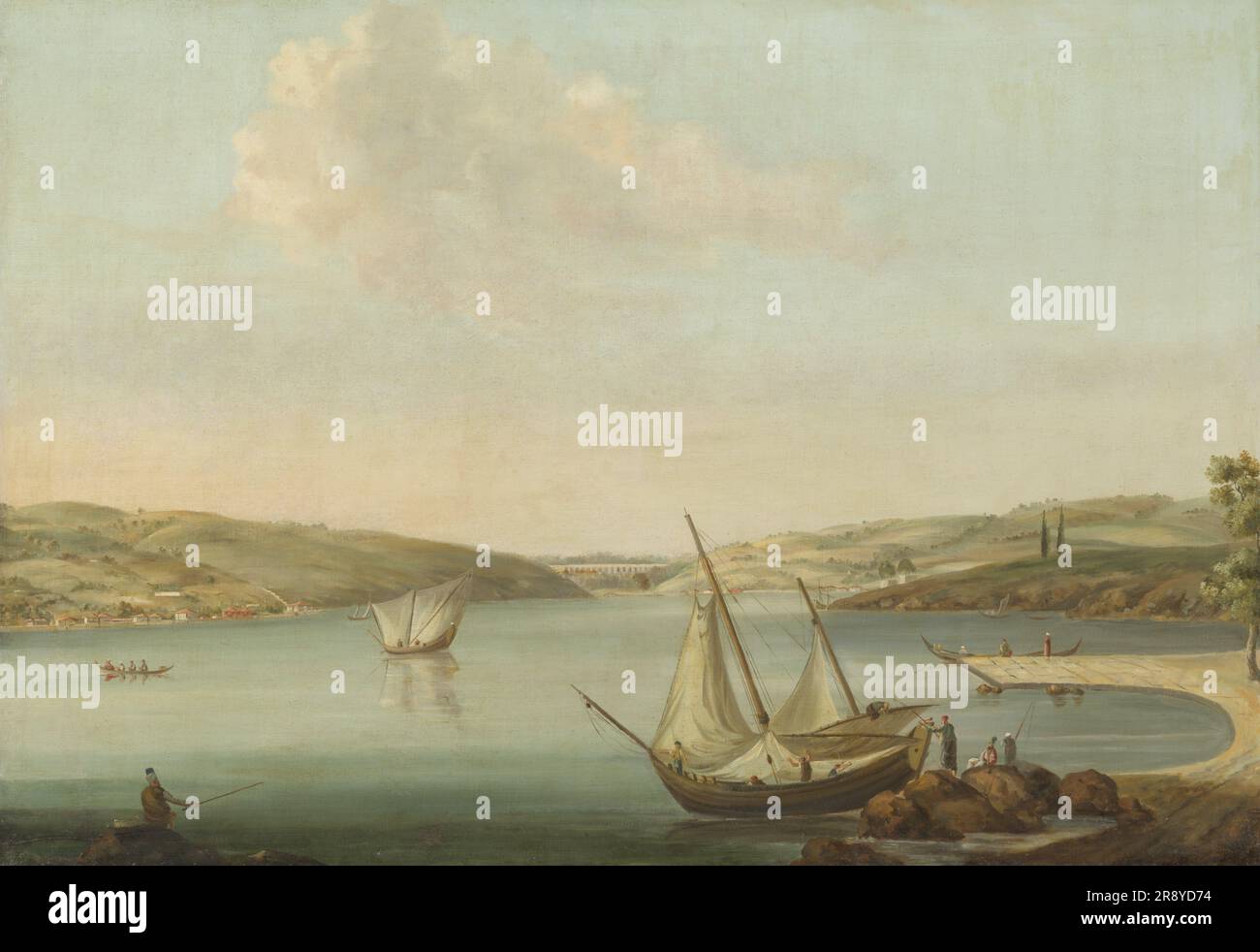 Blick auf den Bosporus, von der Höhe von Beykoz in den Nordwesten, mit dem Aquädukt von Justinian im Hintergrund, c.1770-1780. Stockfoto